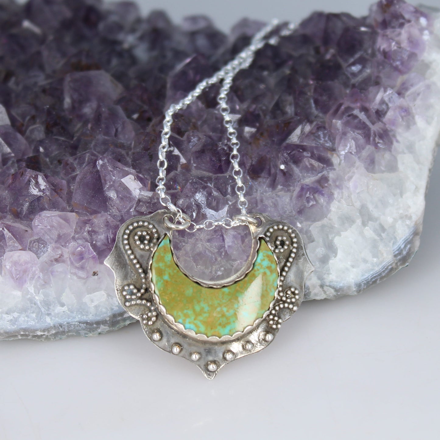 Green Kingman Turquoise Sterling Moon Crescent Pendant Necklace