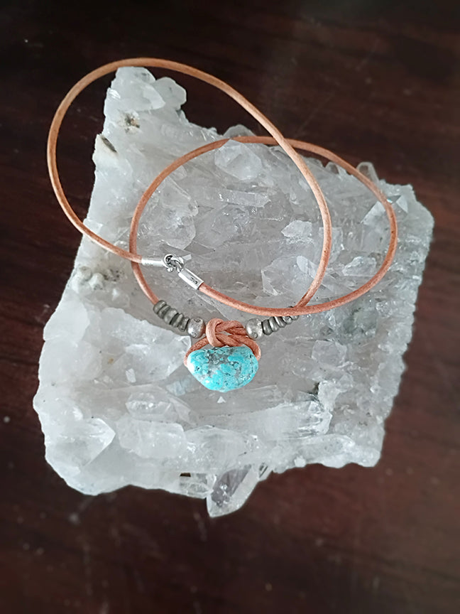 Blue Mexican Turquoise Bead Necklace Leather Mens or Womens