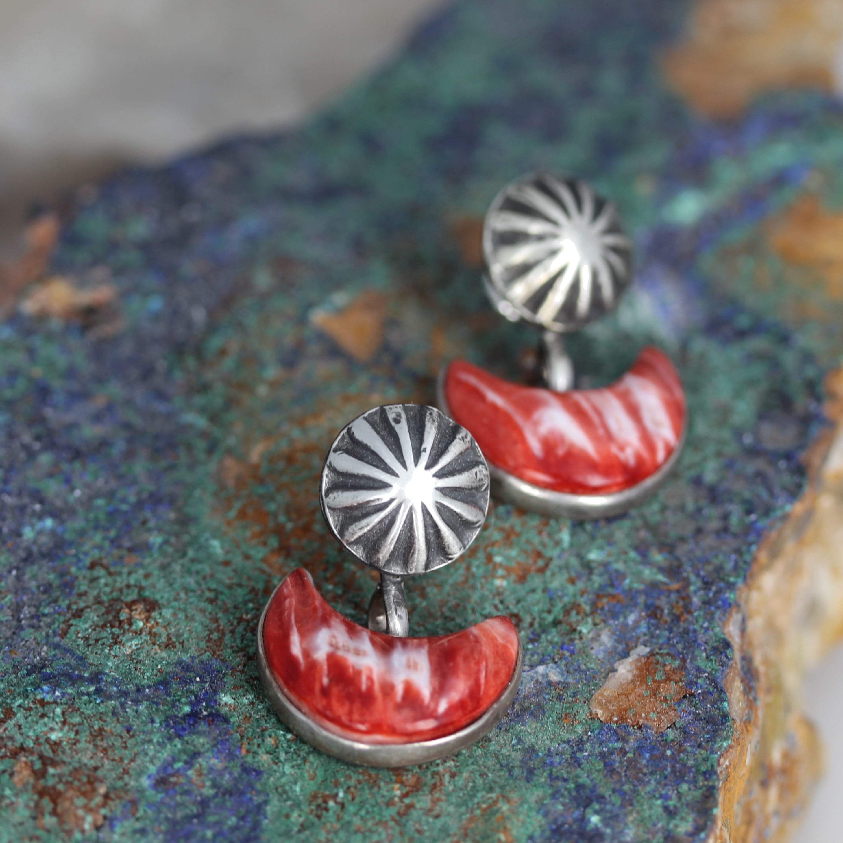 Red Spiny Oyster Moon Earrings With Sterling Silver Sunburst Posts Southwestern