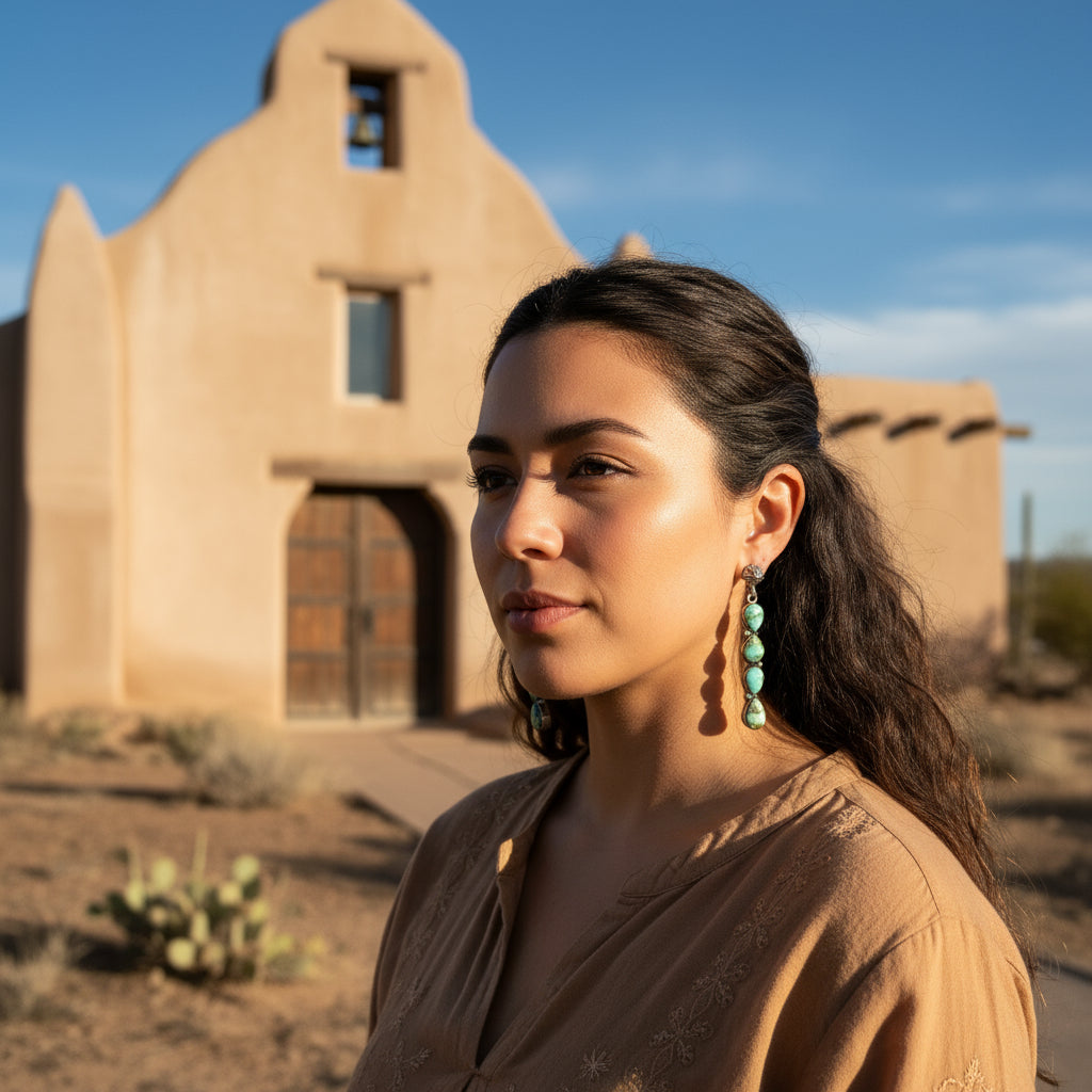 AAA SONORAN Sky Blue Green TURQUOISE Earrings 4 Stone Sweeping 2.75"