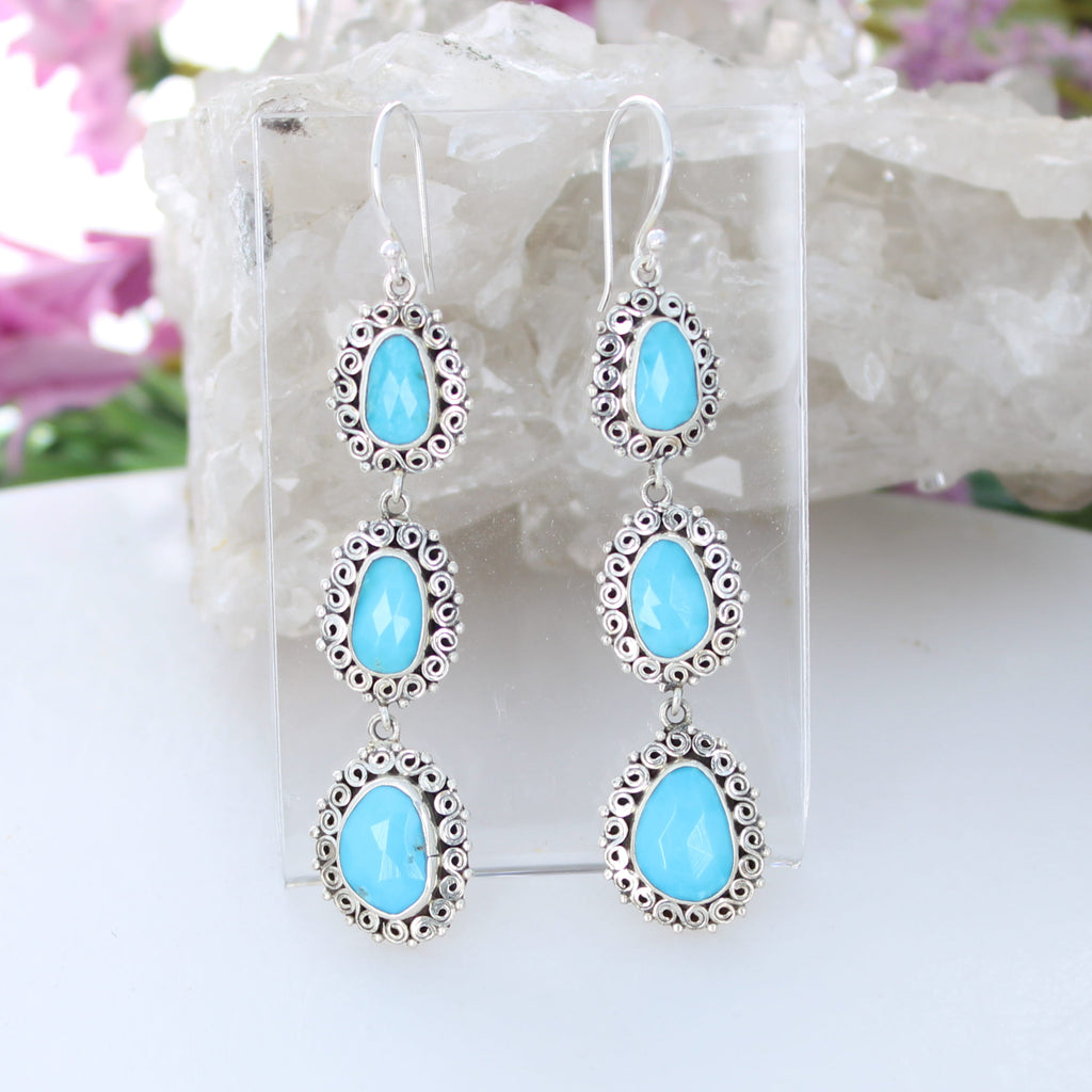 AAA Faceted Kingman Turquoise Earrings 3 Stone Sterling Silver