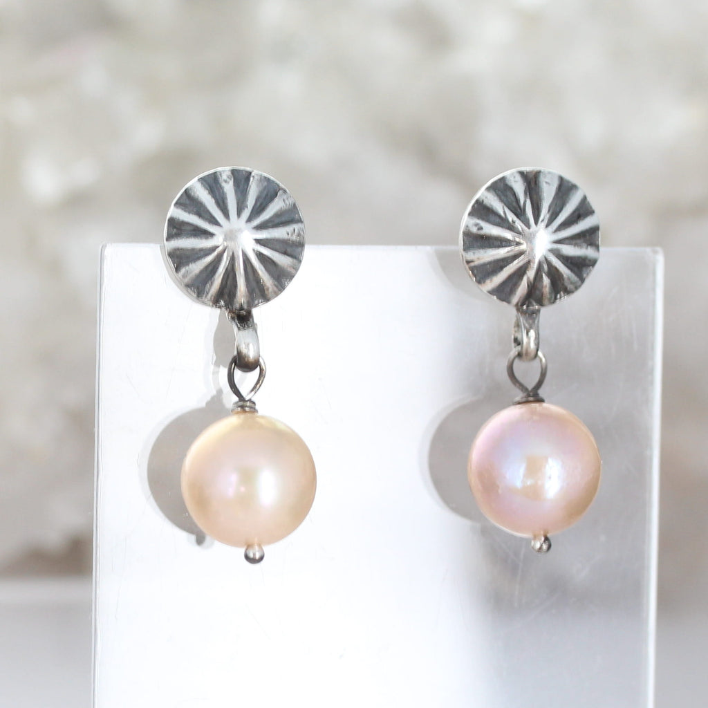 Round 12mm Pearl Earrings Sunburst Posts Southwestern Elegance