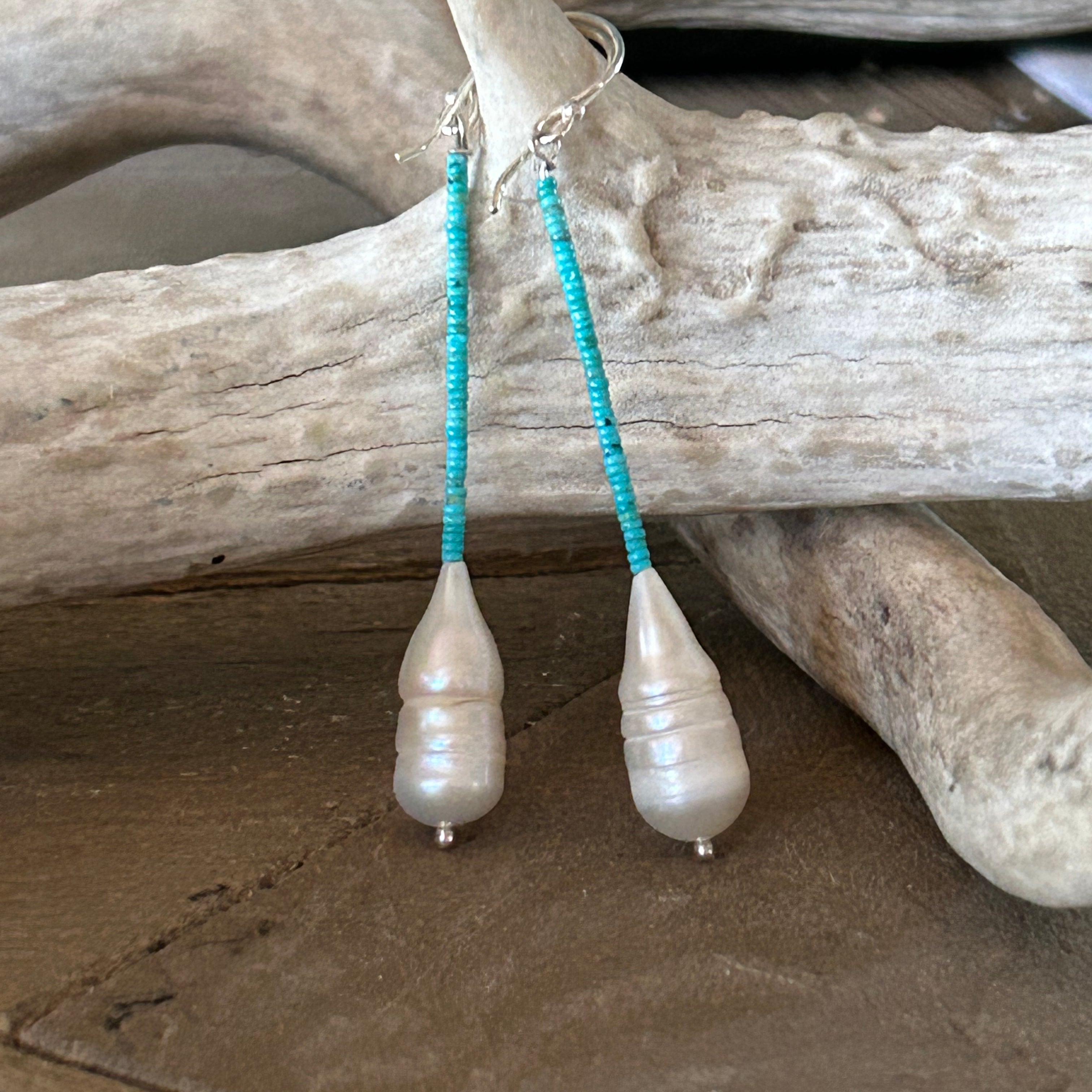 Tiny Kingman Turquoise and Large Pearl Earrings Sterling Silver 3"