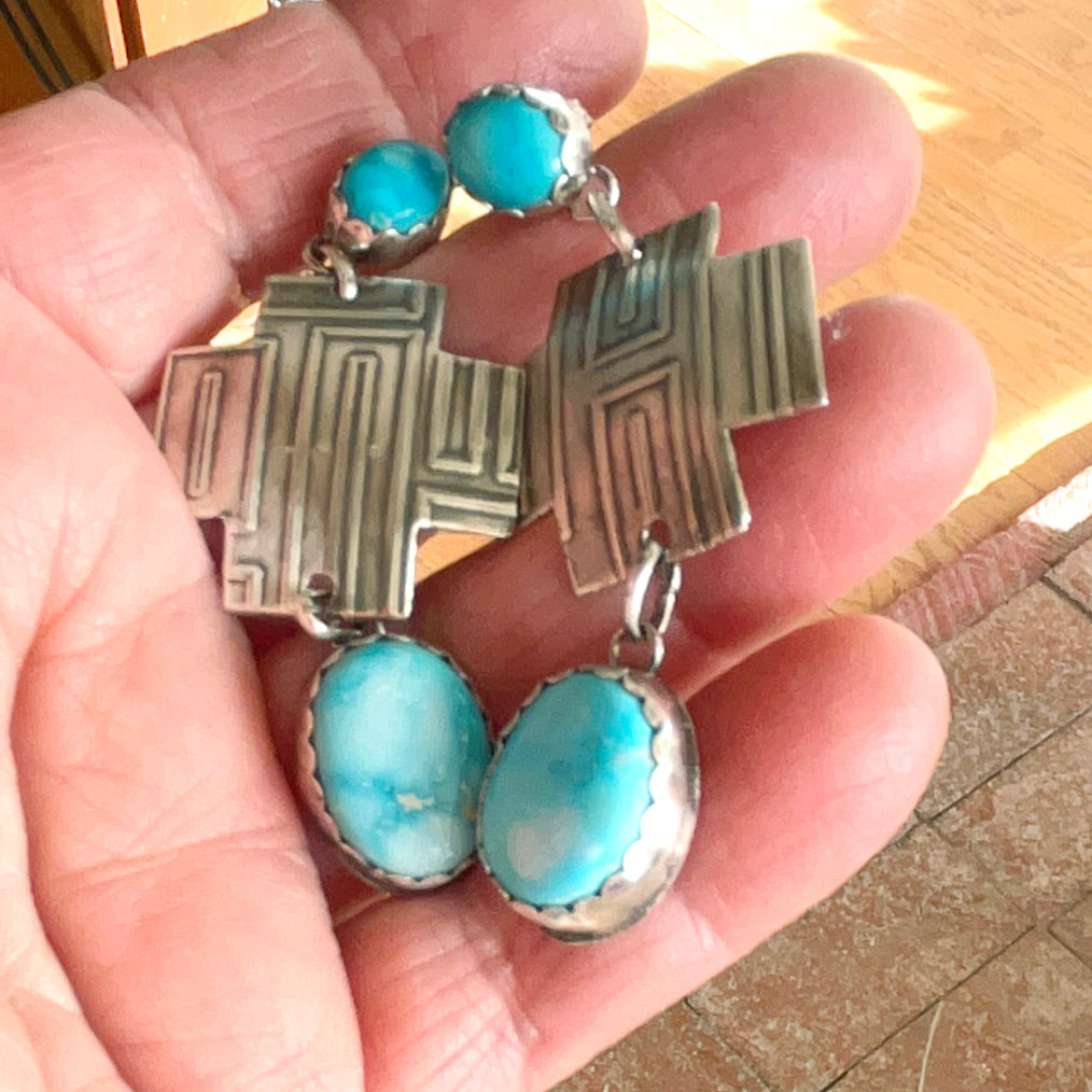 Emerald Valley Turquoise Sterling Southwestern Cross Earrings 2 Stone 2.6"