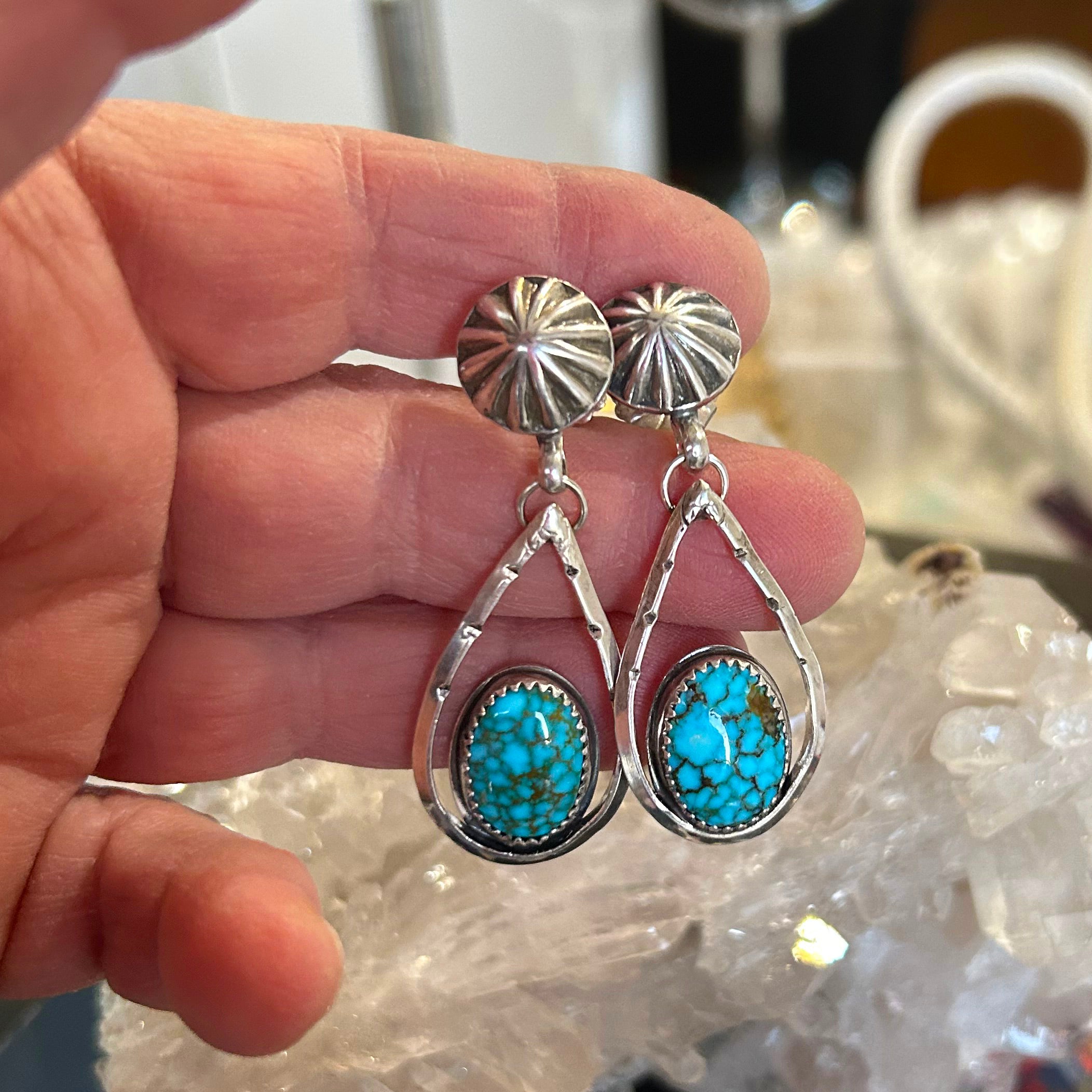 AAA Ithaca Kingman Turquoise Earrings Waterweb Large Teardrops Sterling