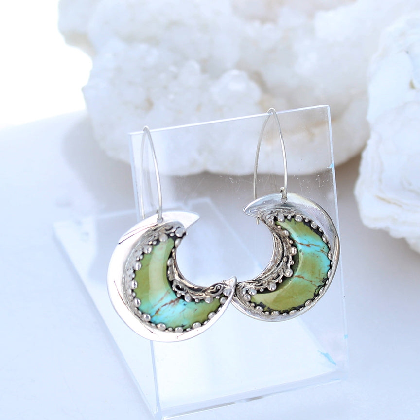 Kingman Turquoise Crescent Moon Earrings Sterling Green Blue -NewWorldGems