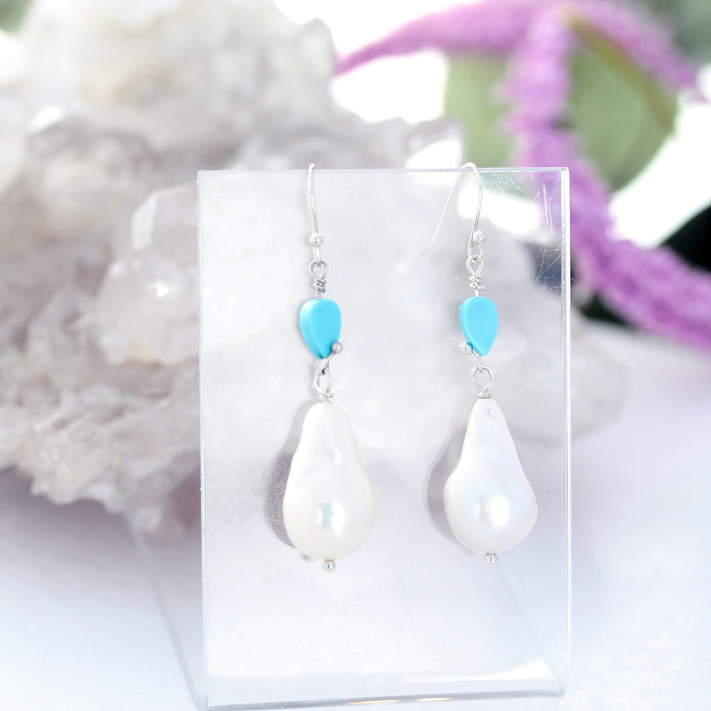 Sleeping Beauty Turquoise and Large Pearl Earrings Sterling Silver 2"