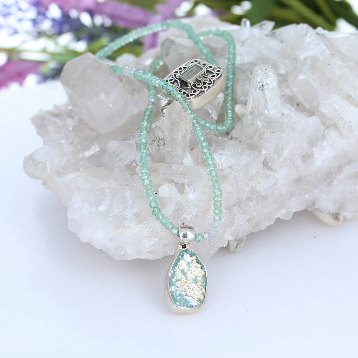 Ancient Roman Glass And Green Sapphire Necklace