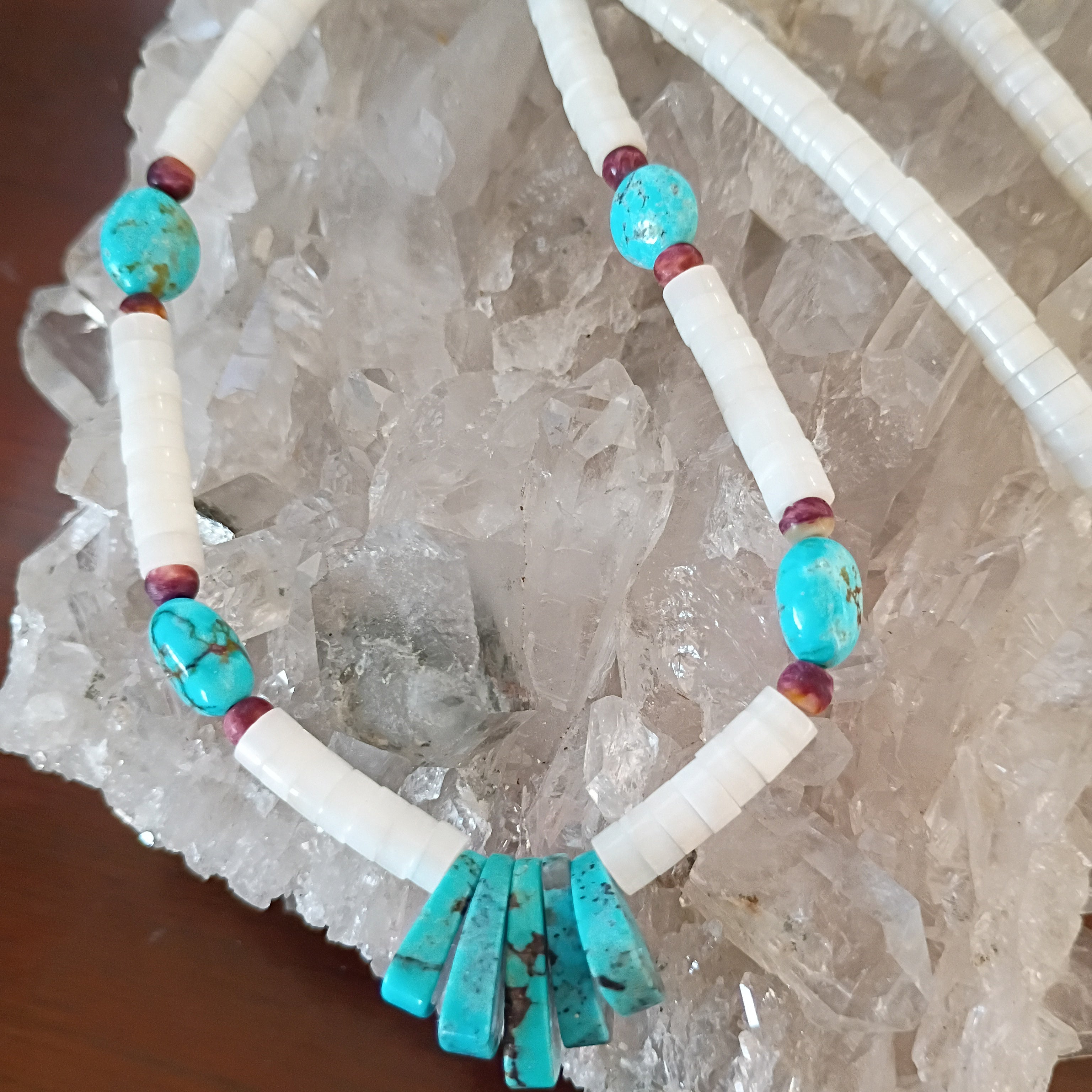 White Spiny Oyster and Blue Turquoise Necklace Sterling Silver 19.5"