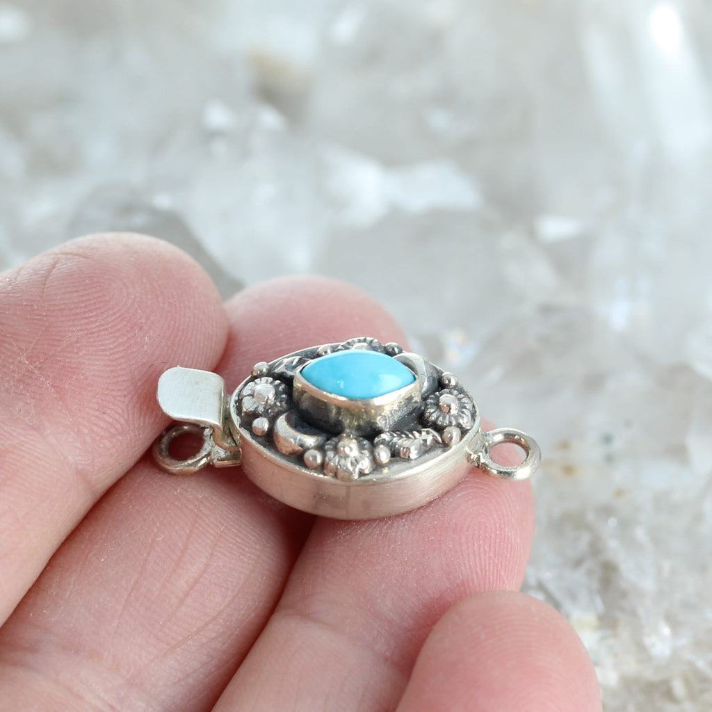 AAA Marquis Sleeping Beauty Turquoise Clasp Sterling Moon Flower Design