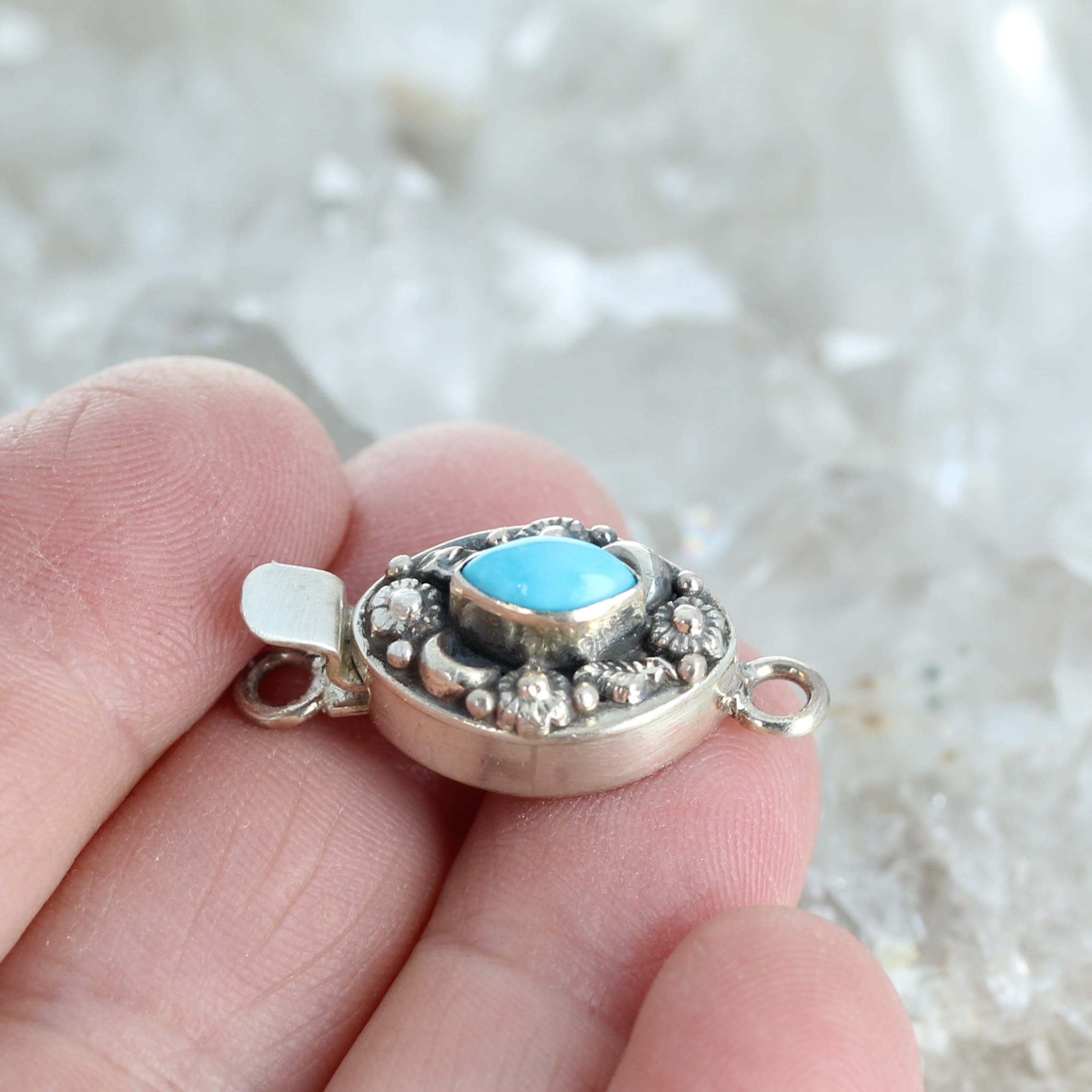 AAA Marquis Sleeping Beauty Turquoise Clasp Sterling Moon Flower Design