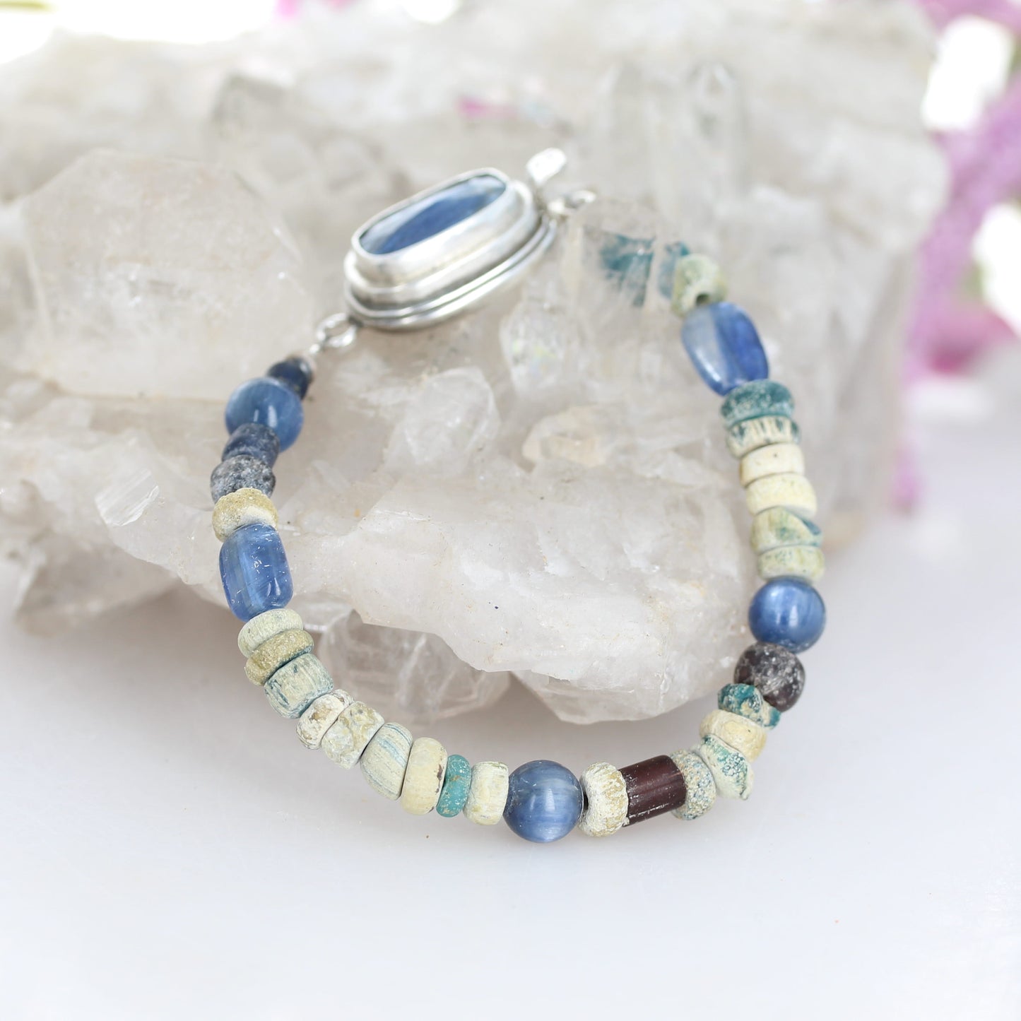 ANCIENT MALI Dig Beads and Mystical Kyanite Bracelet Sterling Silver