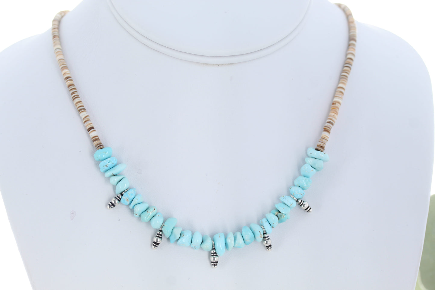 Lone Mountain Turquoise Necklace with Shell Heshi Sterling Drops