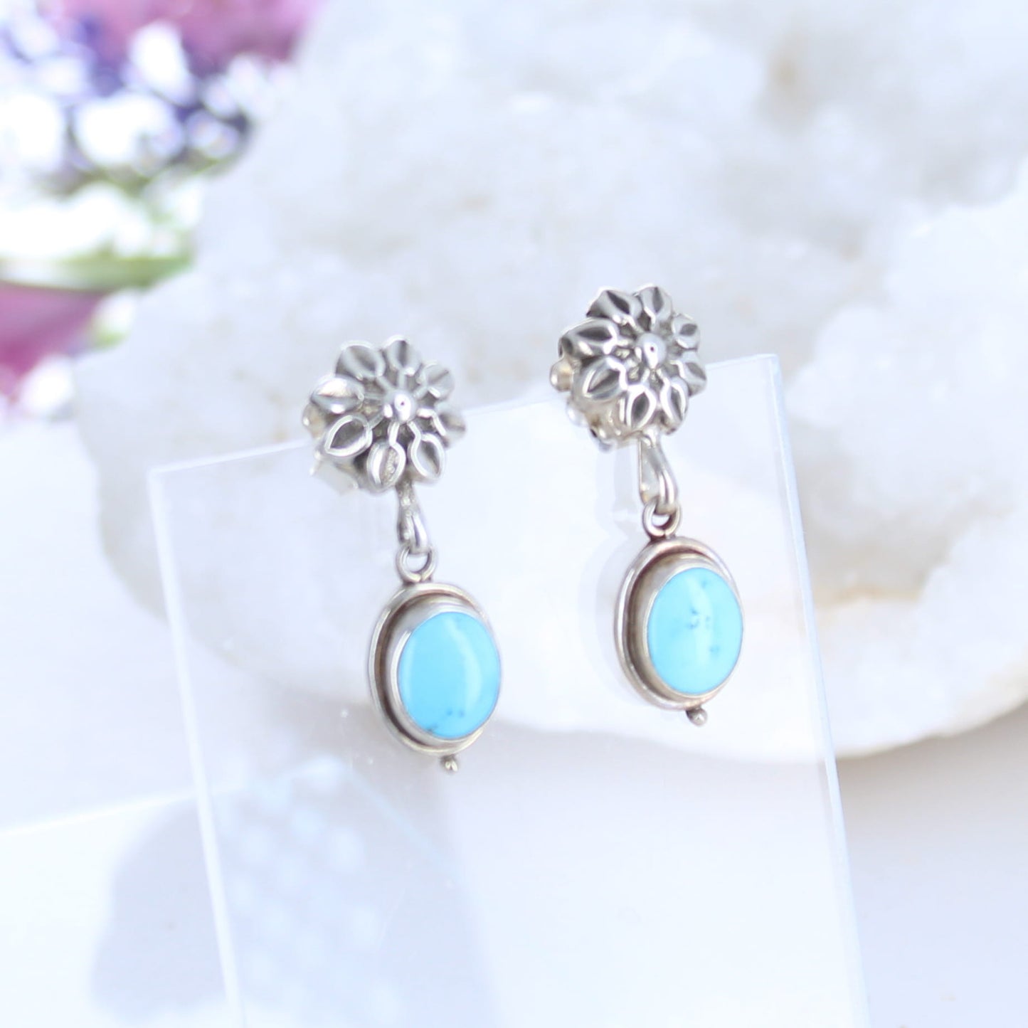 Sky Blue Campitos Turquoise Earrings Flower Posts Oval Stone