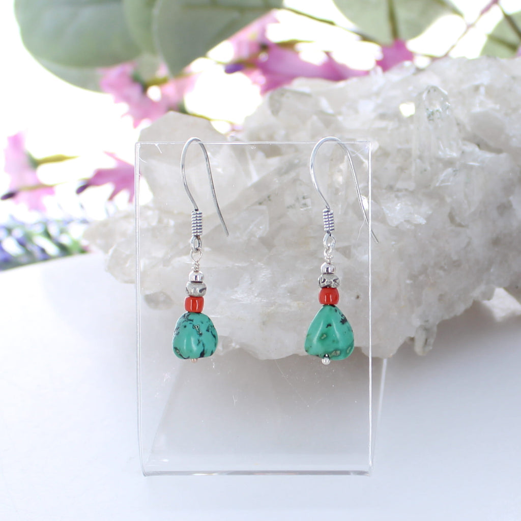 ANTIQUE TIBETAN TURQUOISE and Coral Beads Earrings Sterling NewWorldGems