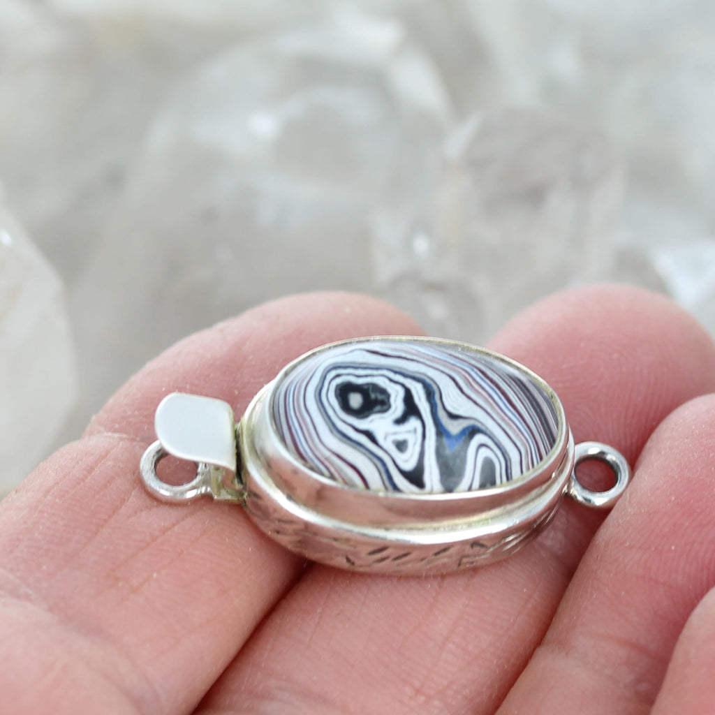 Fordite Clasp Sterling Silver Red White Black Swirls