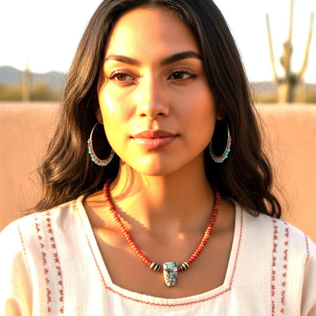 Red Spiny Oyster and White Lilac Turquoise Necklace Southwest 16.5"