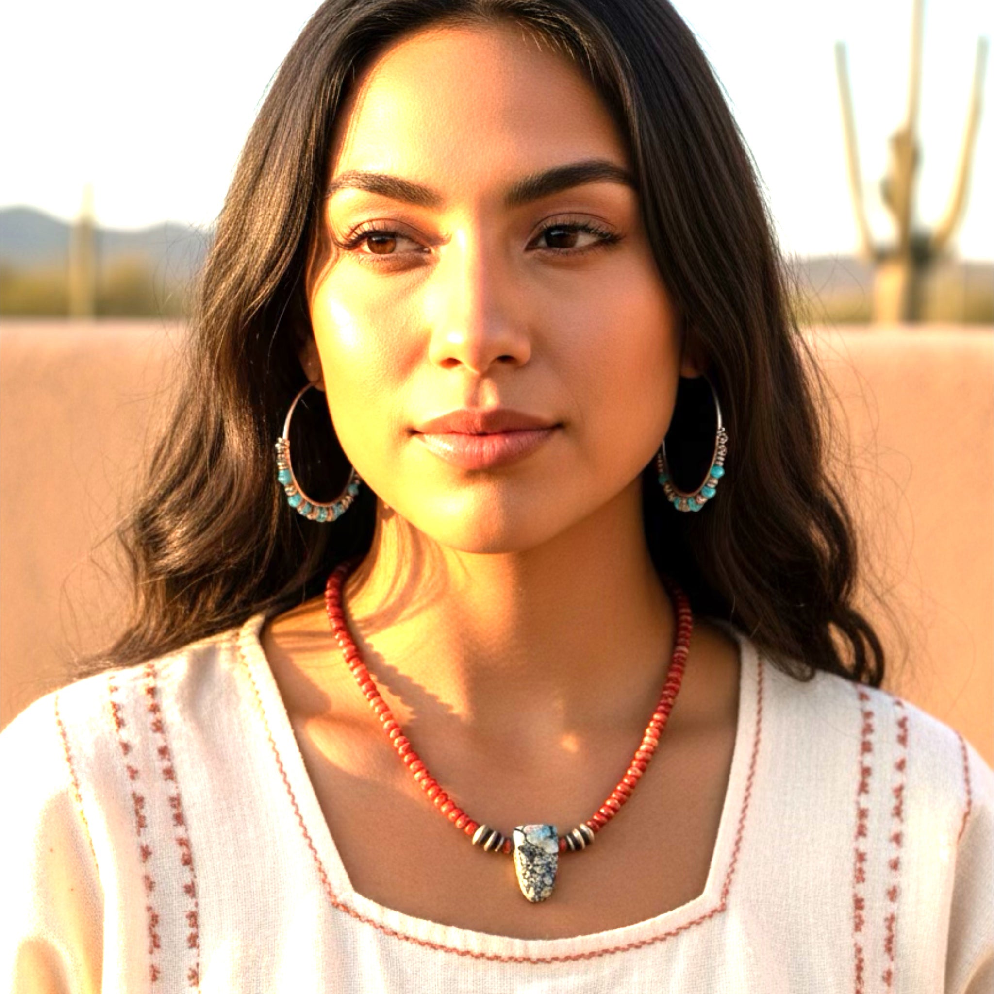 Red Spiny Oyster and White Lilac Turquoise Necklace Southwest 16.5"