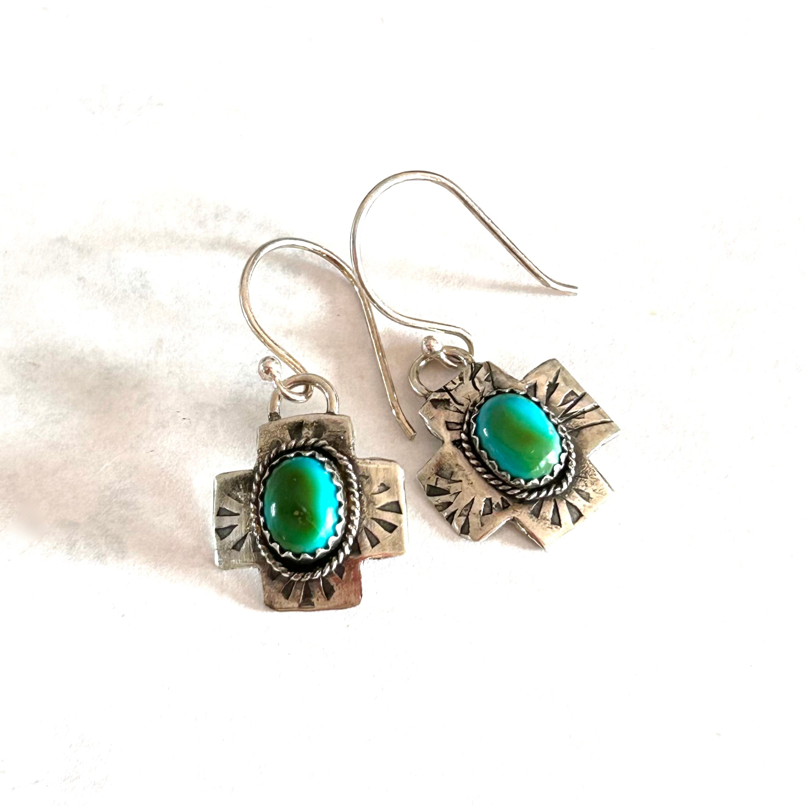 Green Blue Sonoran Gold Turquoise Cross Earrings Sterling Silver Boho