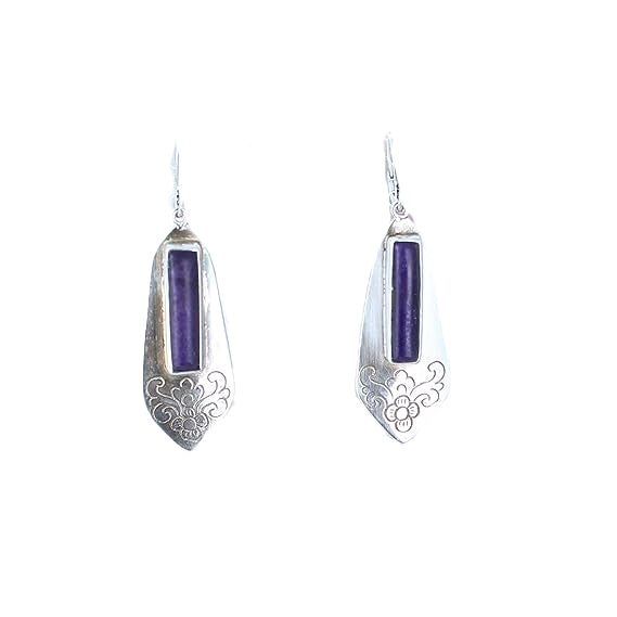 Large Sugilite Earrings Kite Shaped Etched Sterling