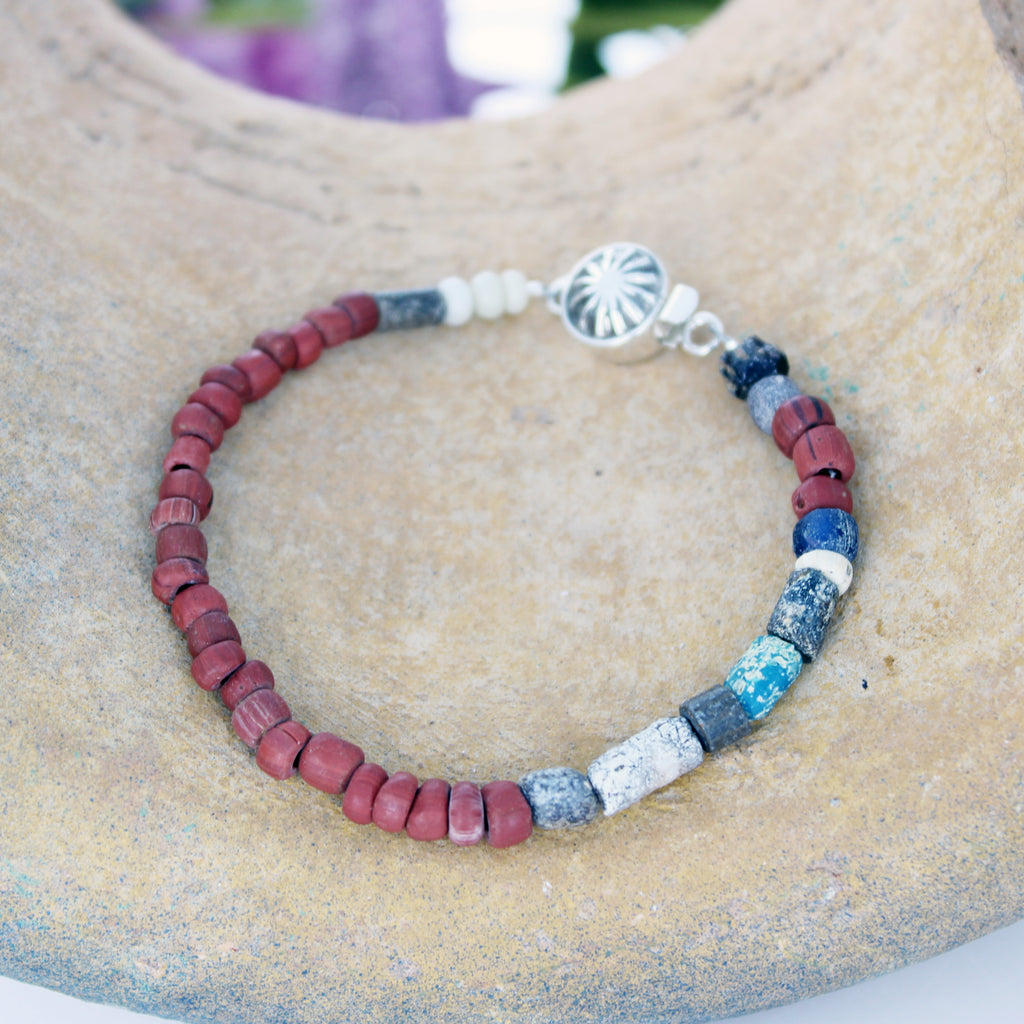 Antique Red Brown Roman Glass and Turquoise Bracelet Men or Woman