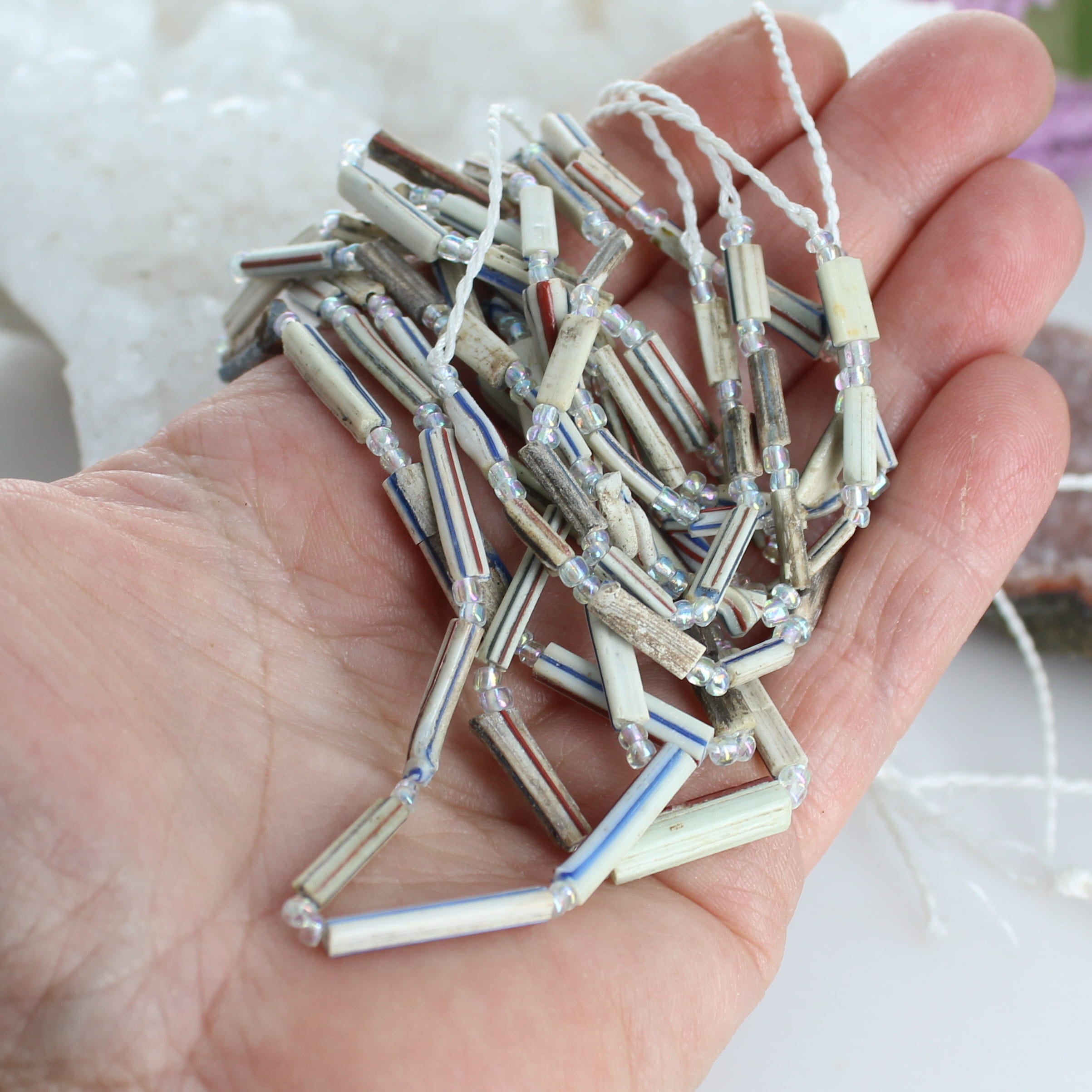 Ancient Roman Glass Beads White Red Blue 15" -NewWorldGems