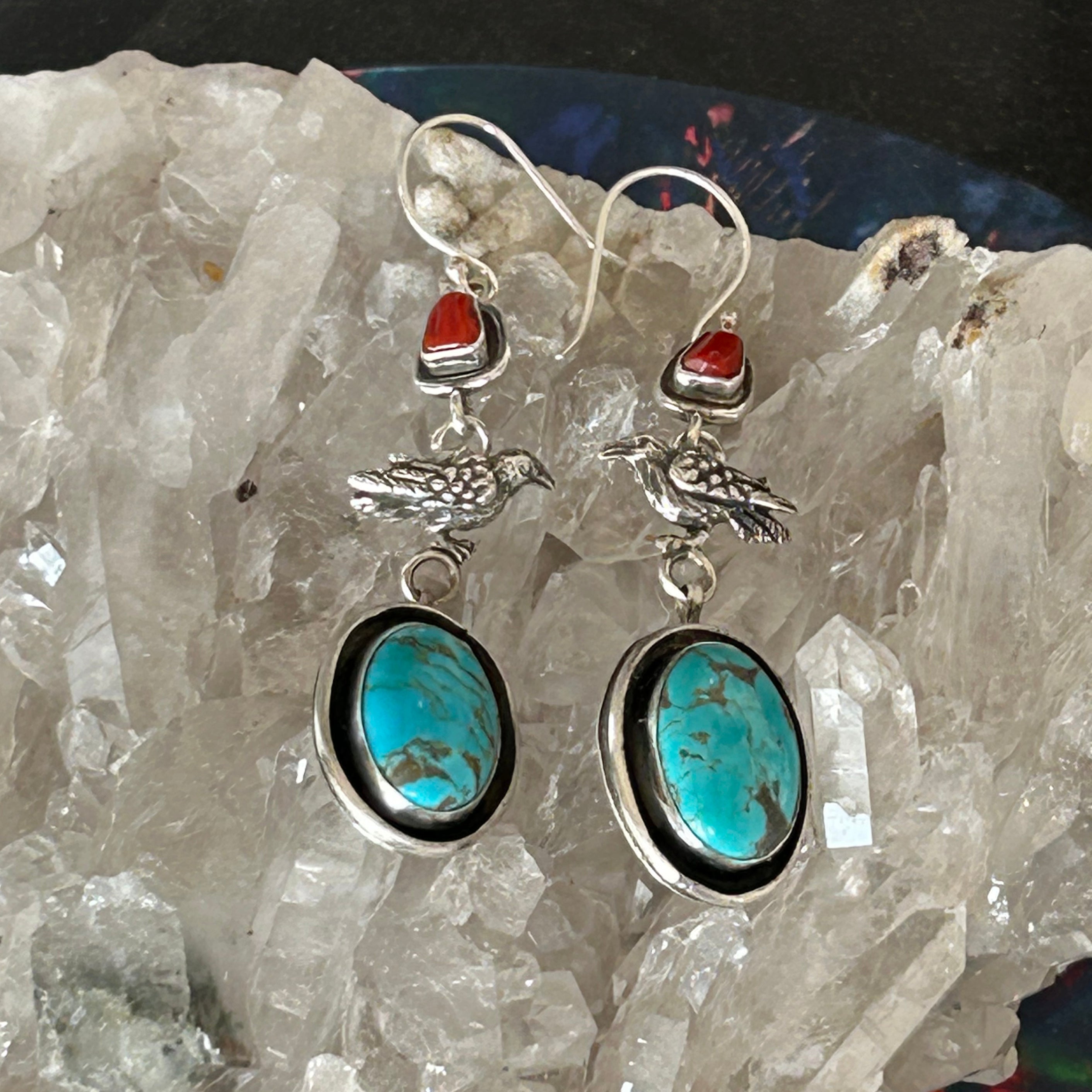 Blue Royston Ribbon Turquoise Raven Earrings Southwestern Sterling Silver 3"