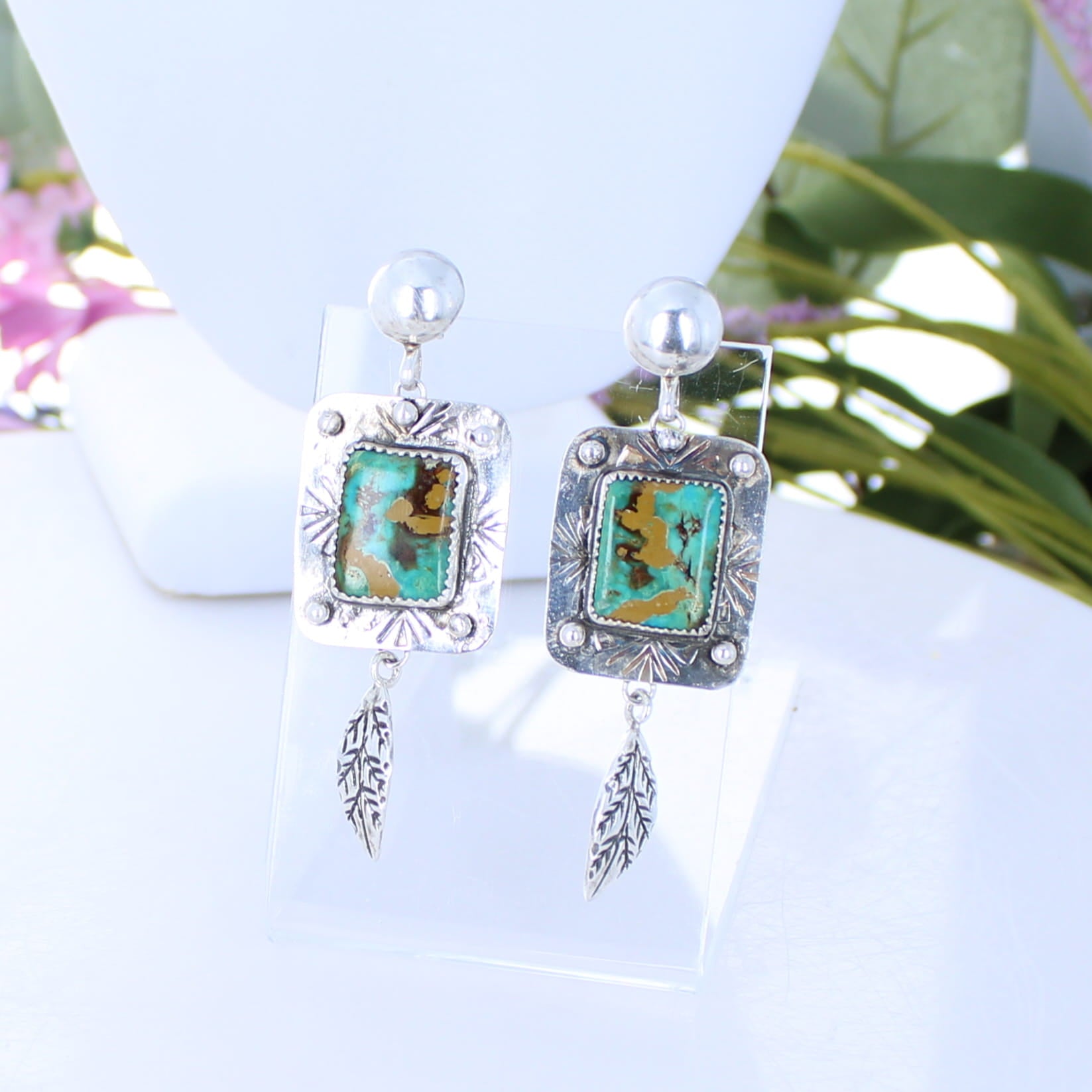 Geometric Patterned Emerald Green Royston Turquoise Earrings Southwest 2.7"