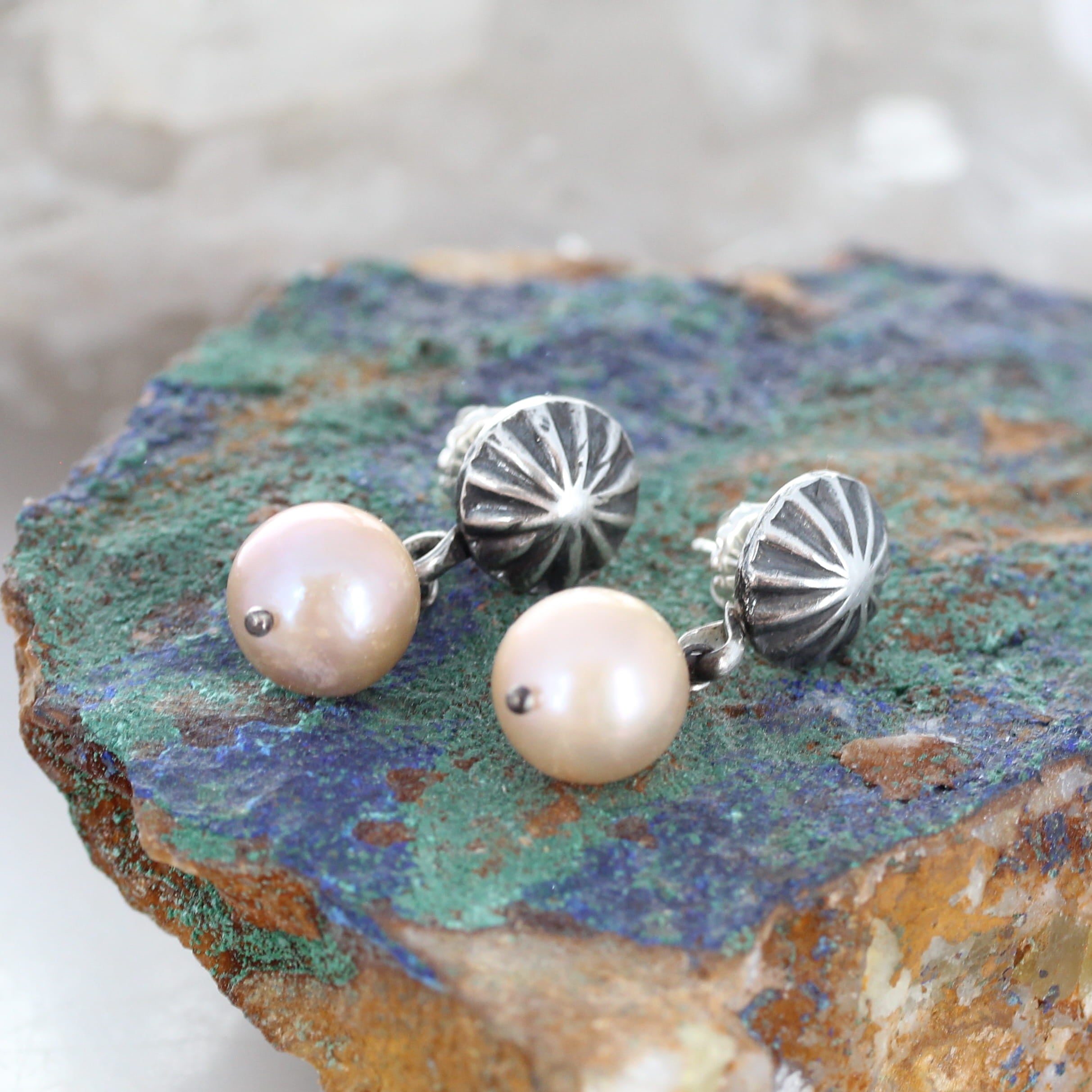 Round 12mm Pearl Earrings Sunburst Posts Southwestern Elegance