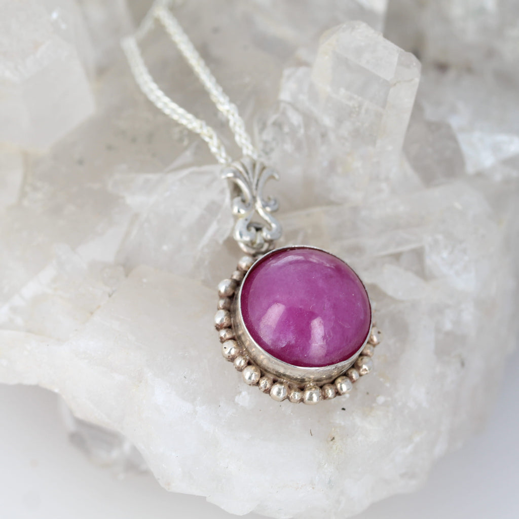 Elegant Pink Genuine Ruby Pendant Necklace Sterling Round