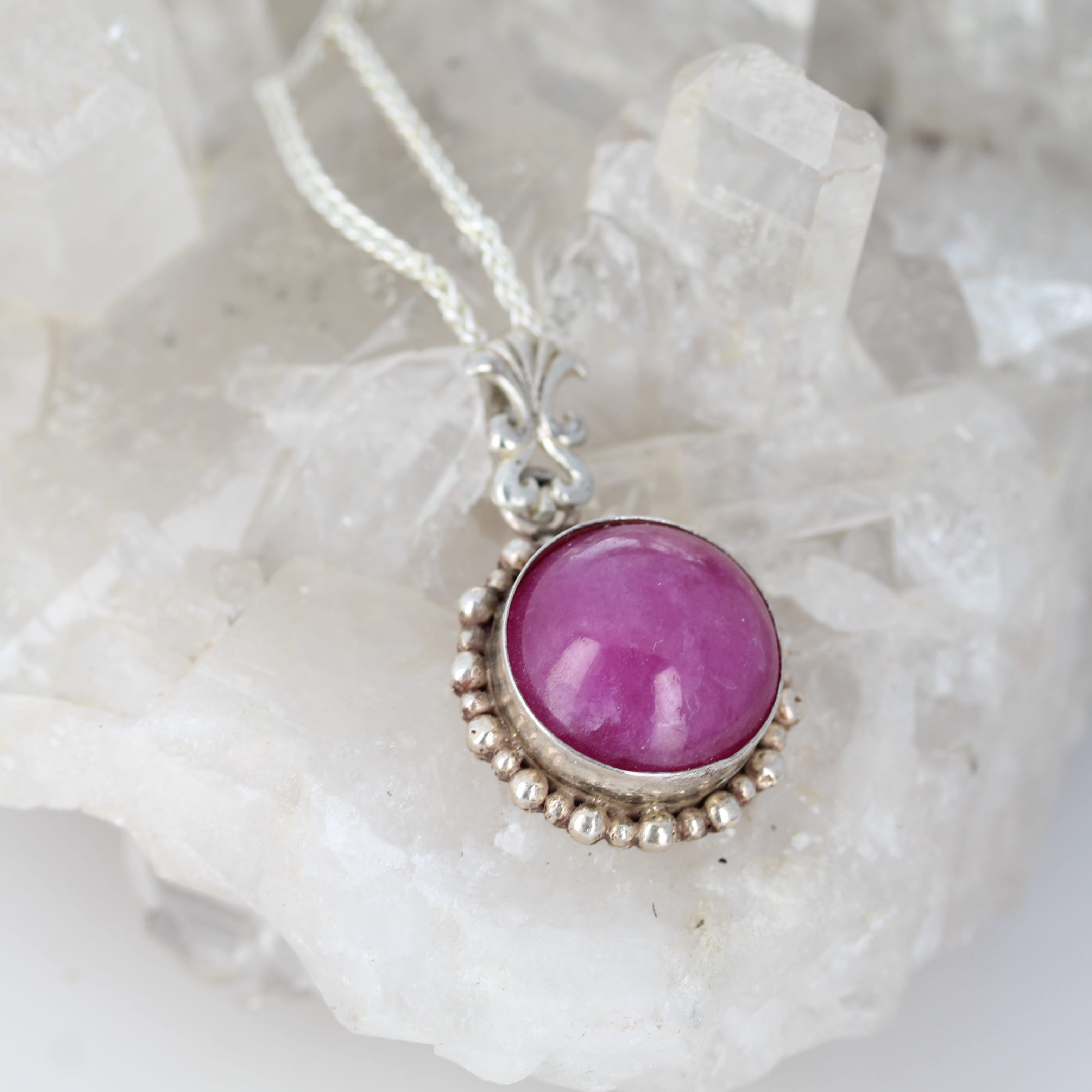 Elegant Pink Genuine Ruby Pendant Necklace Sterling Round