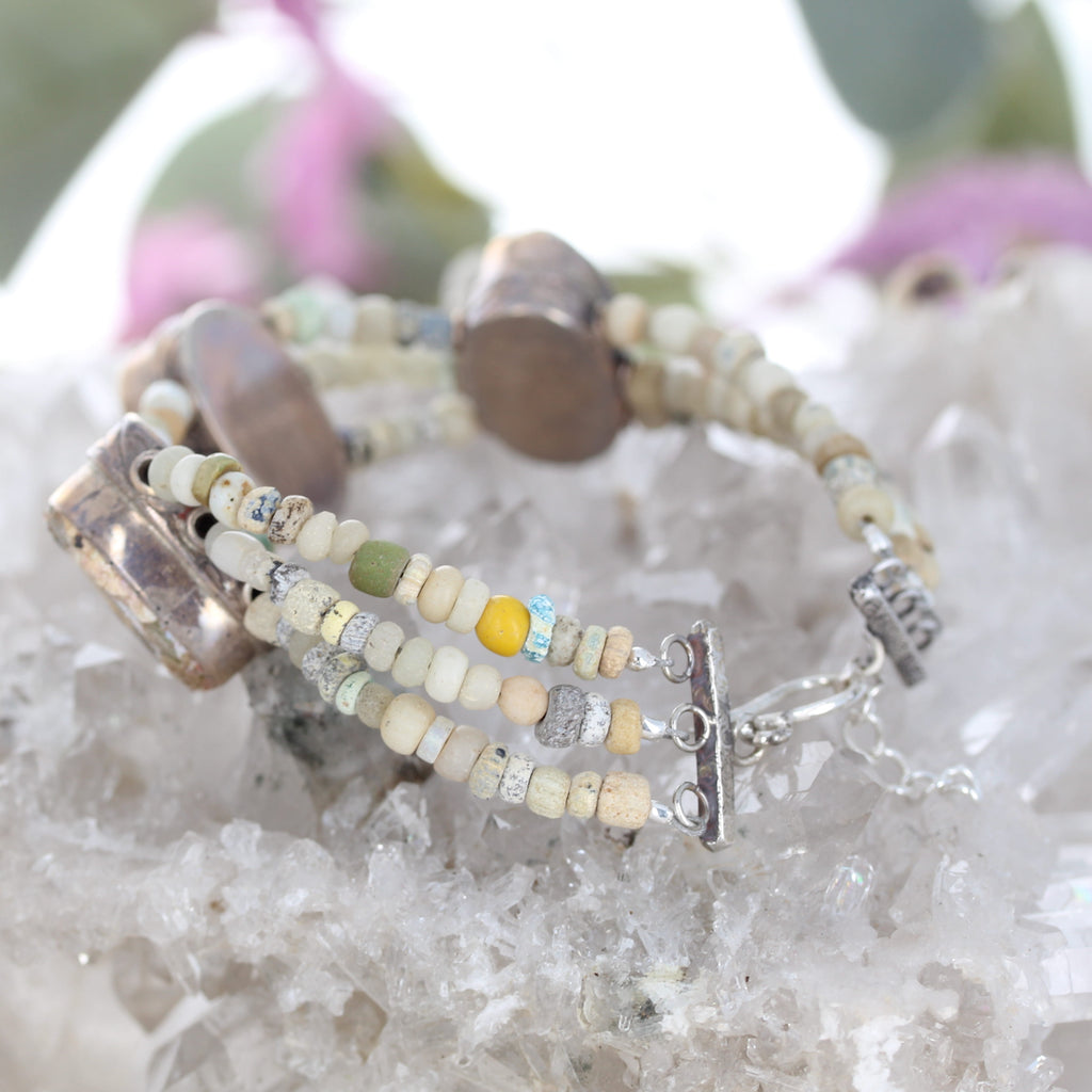 Antique Roman Glass Bracelet 3 Strand Beauty Sterling Silver