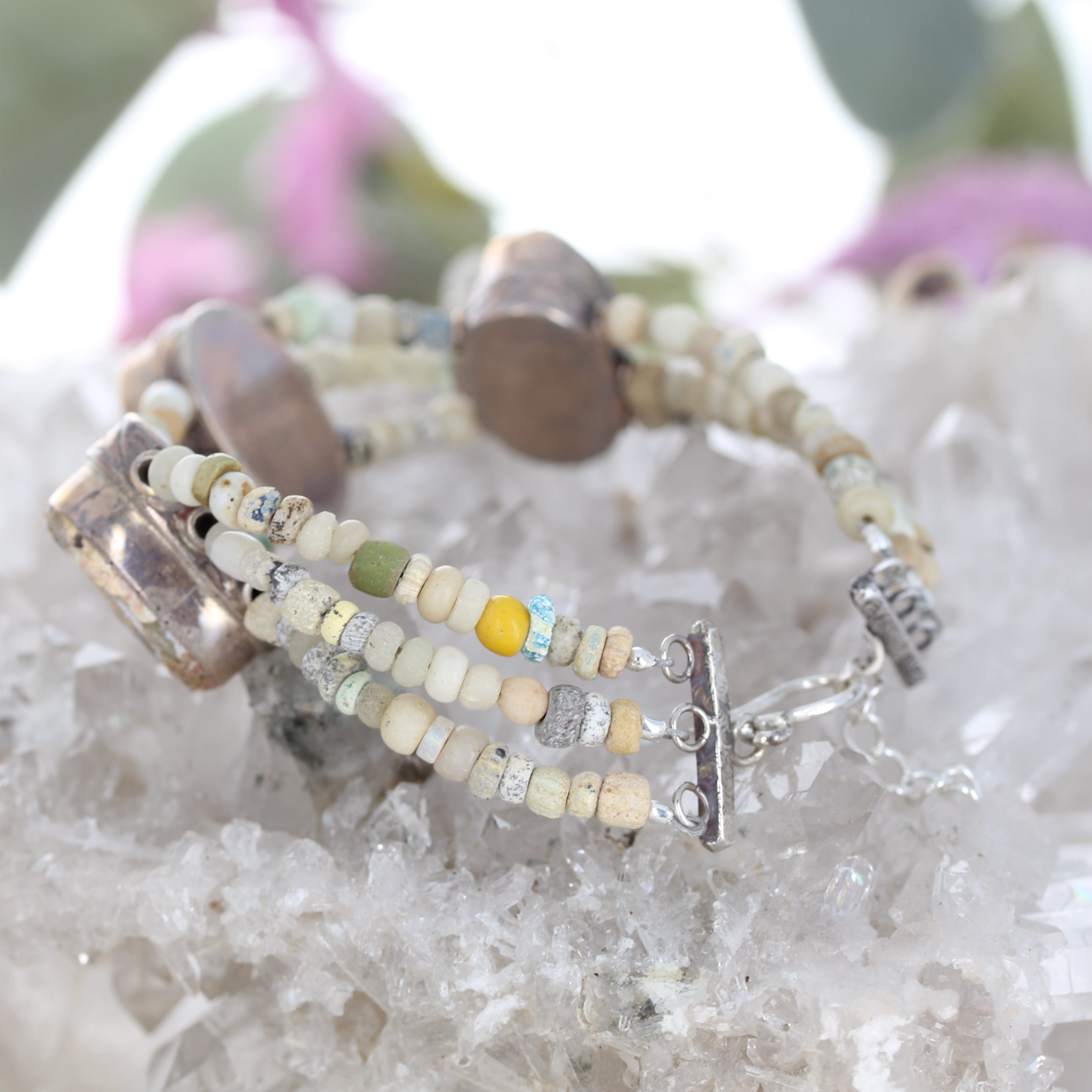 Antique Roman Glass Bracelet 3 Strand Beauty Sterling Silver