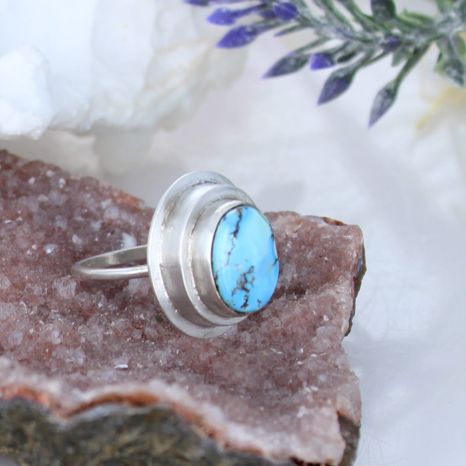 TURQUOISE Free Form Flower Ring Sterling Size 7 Choose -NewWorldGems