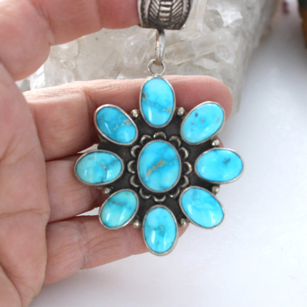 Bright Blue Ridge Nevada Turquoise Pendant Sterling Silver 9 Stone Gorgeous