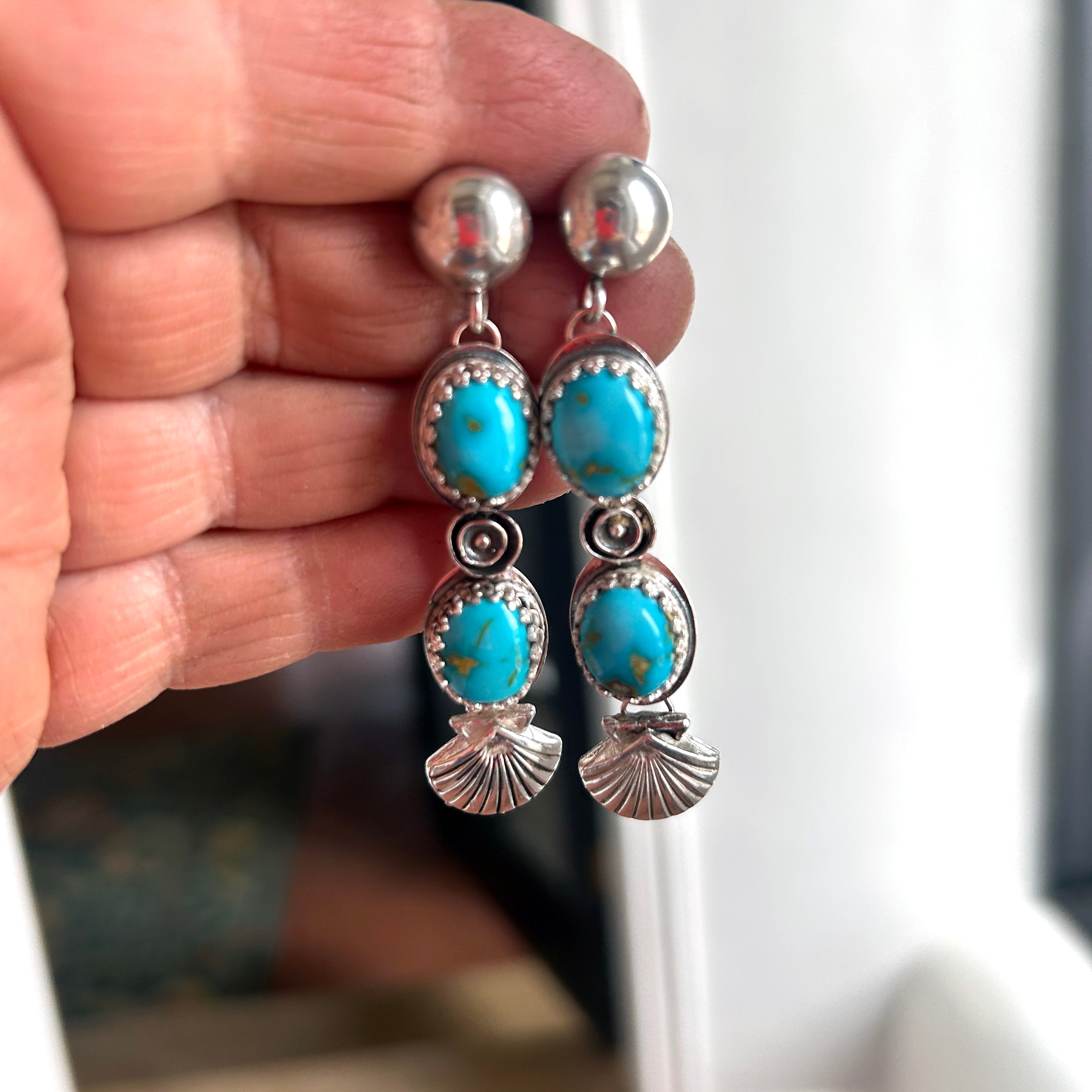 AAA Blue Sonoran Rose Turquoise Earrings 2 Stone Sterling Shells