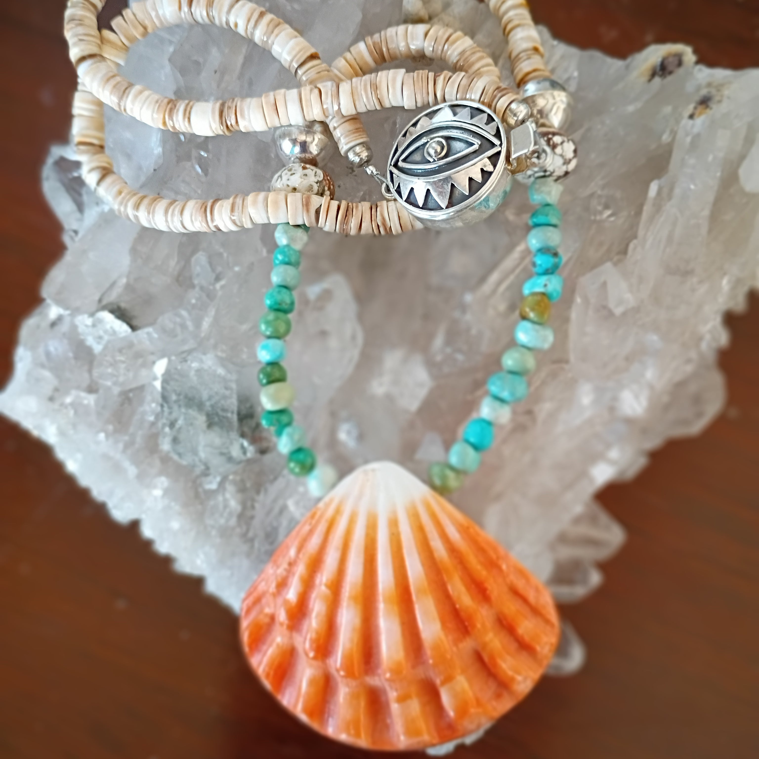Lone Mountain Turquoise Necklace Spiny Oyster Pendant Sterling Beads 22"