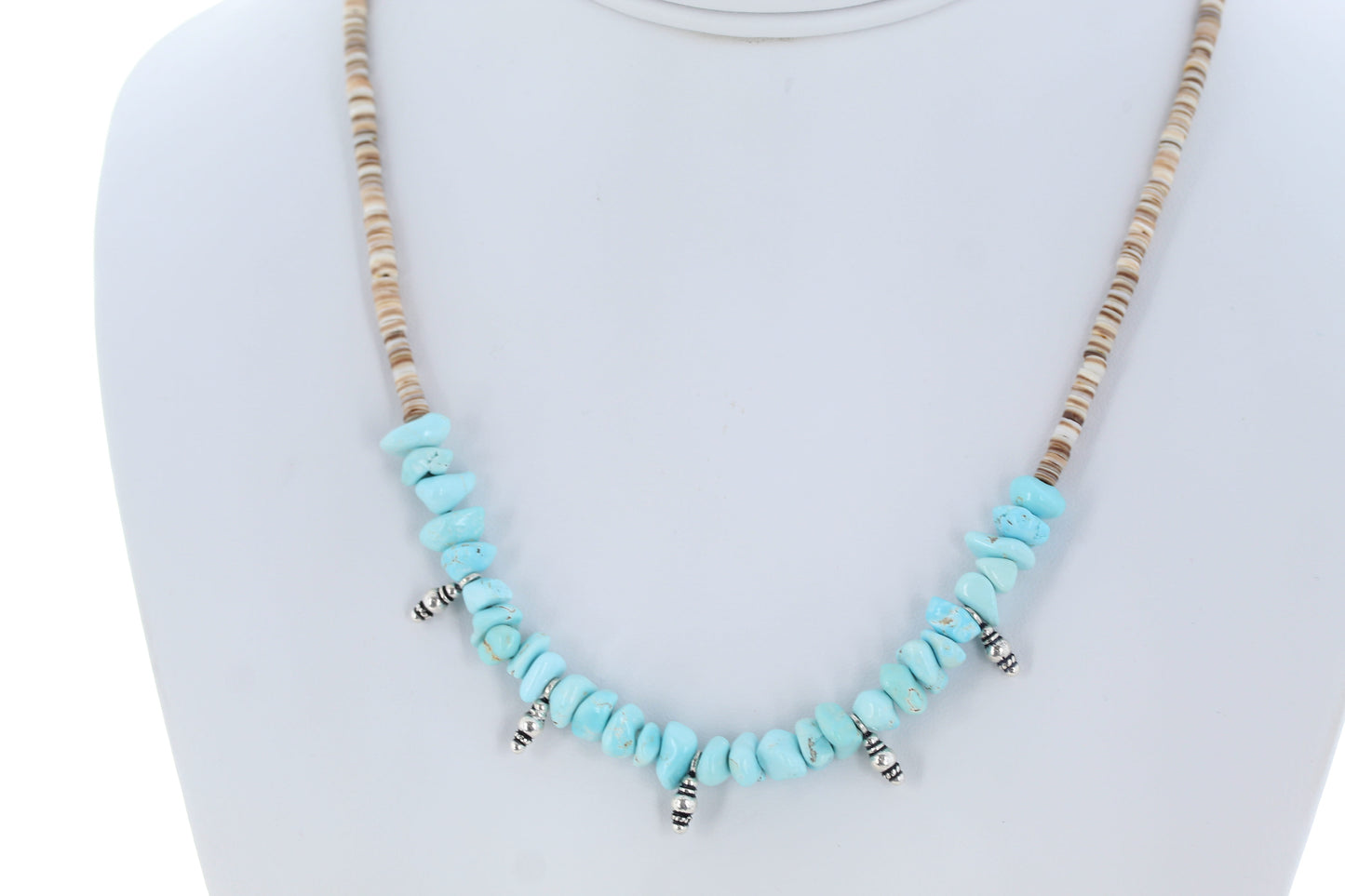 Lone Mountain Turquoise Necklace with Shell Heshi Sterling Drops