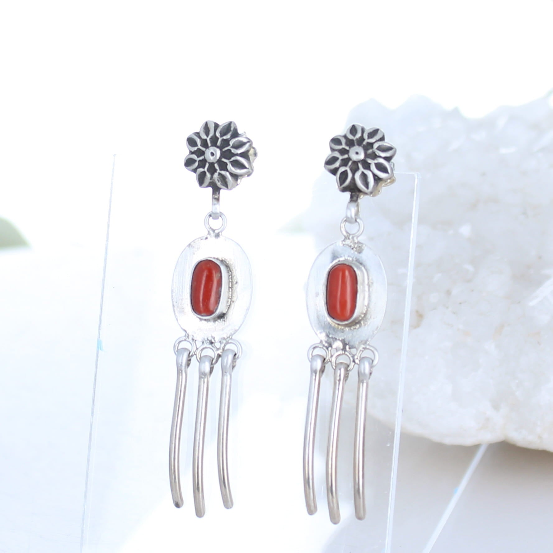 RED ITALIAN Coral Earrings Sterling Silver Dangles Modern -NewWorldGems