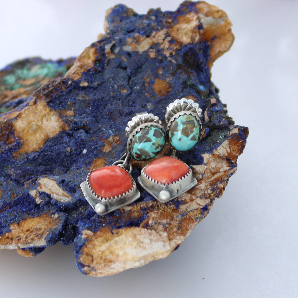 AAA Spiny Oyster and Carico Lake Turquoise Sterling Earrings