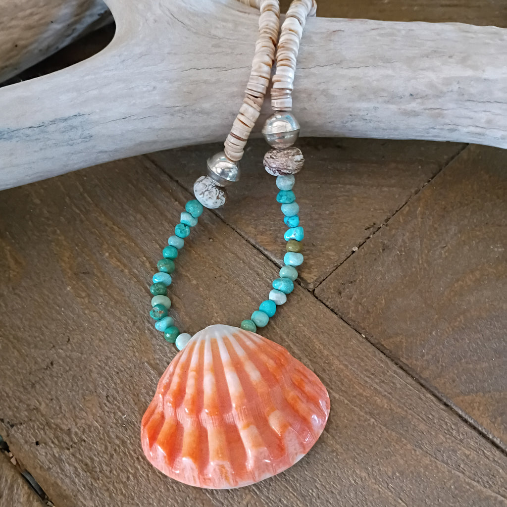 Lone Mountain Turquoise Necklace Spiny Oyster Pendant Sterling Beads 22"