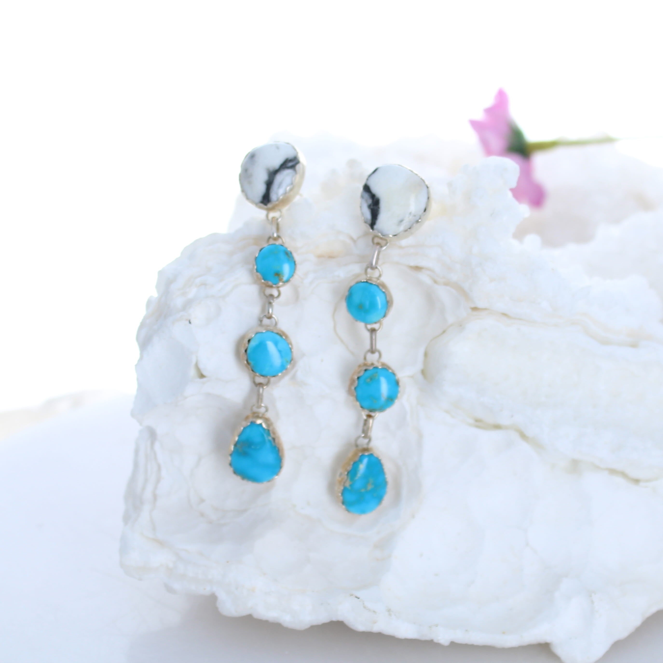 Blue Ridge and White Buffalo Turquoise Earrings Sterling 4 Stone