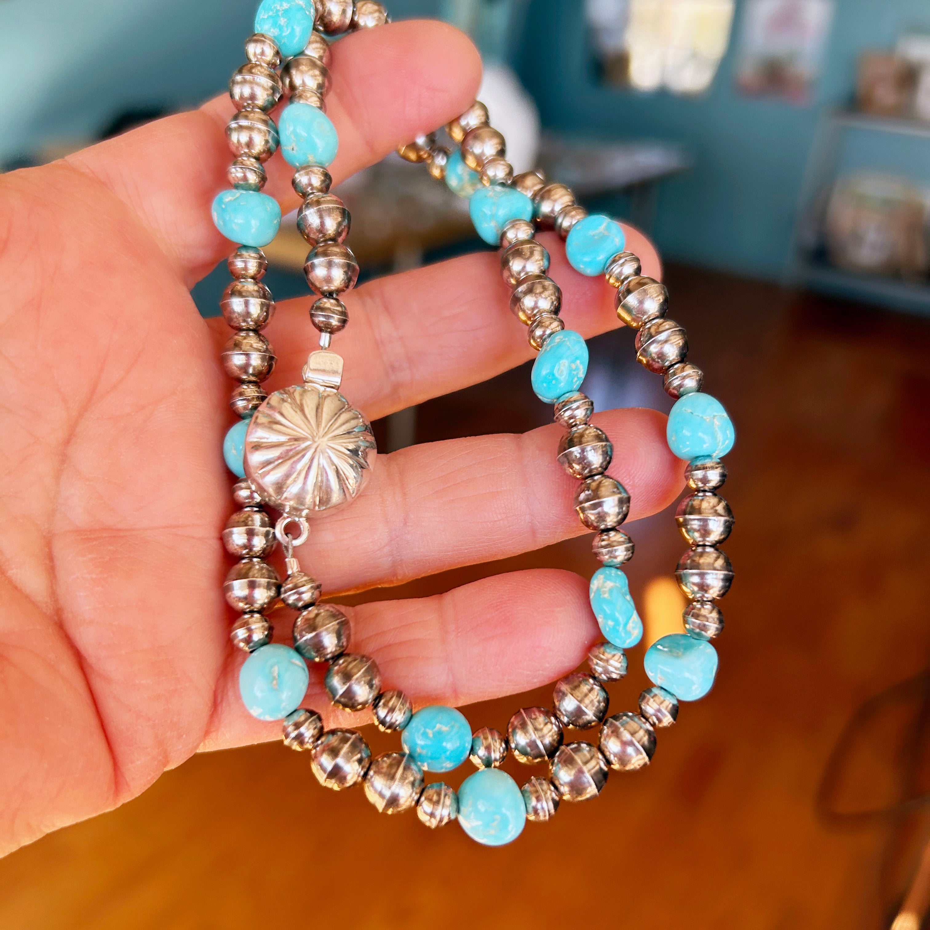 Natural Sleeping Beauty Turquoise Necklace Sterling Navajo Pearls 20"