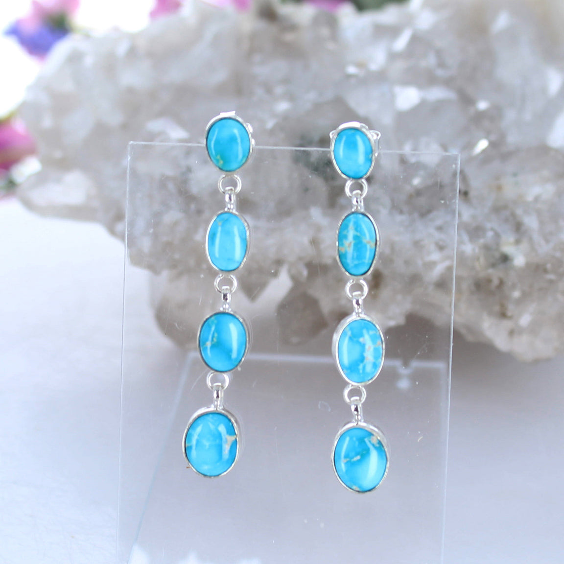 Stunning Blue Bird Turquoise Earrings 4 Stone Sky Blue Sterling