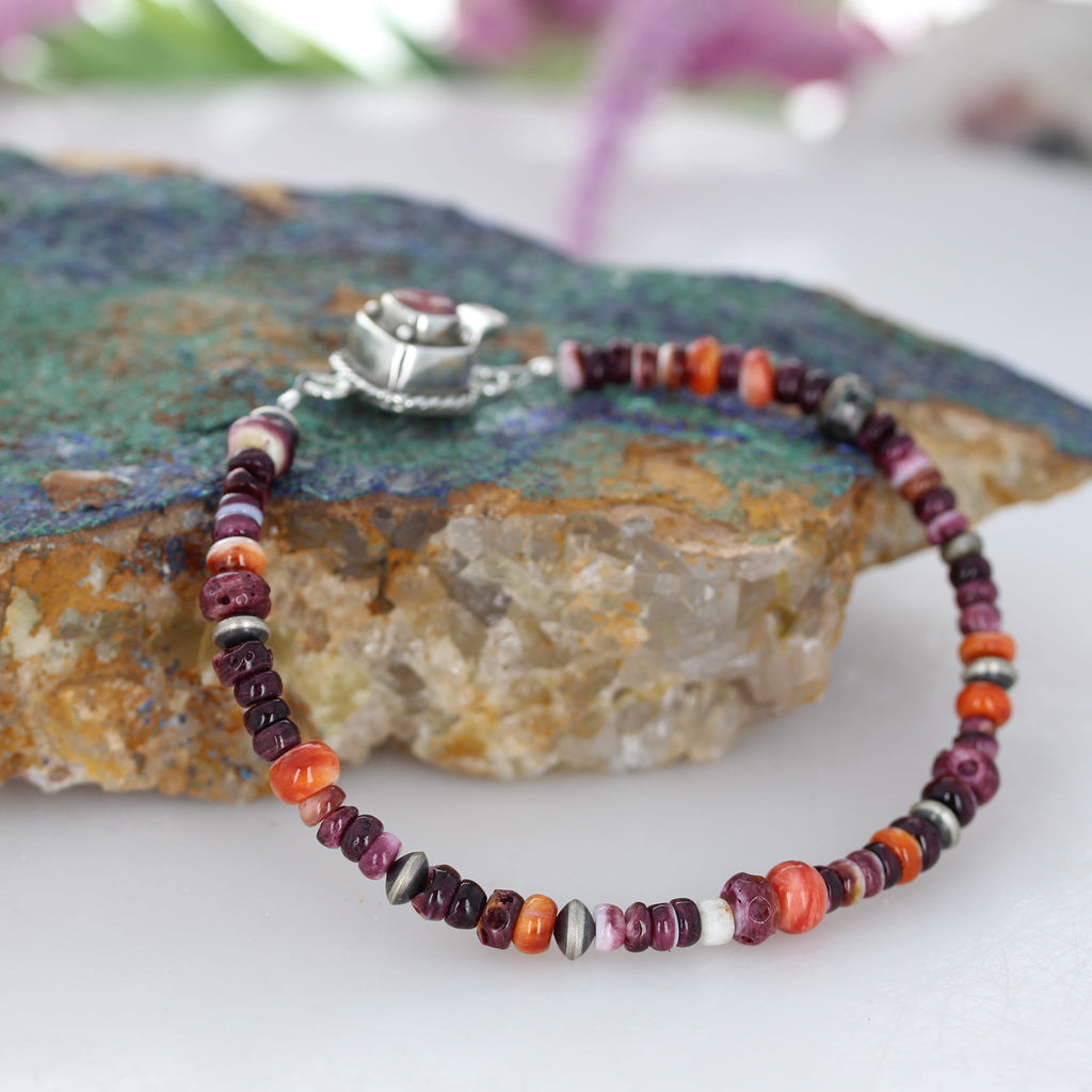 Multi Color Red Purple Bracelet Spiny Oyster 7 and White Buffalo Turquoise