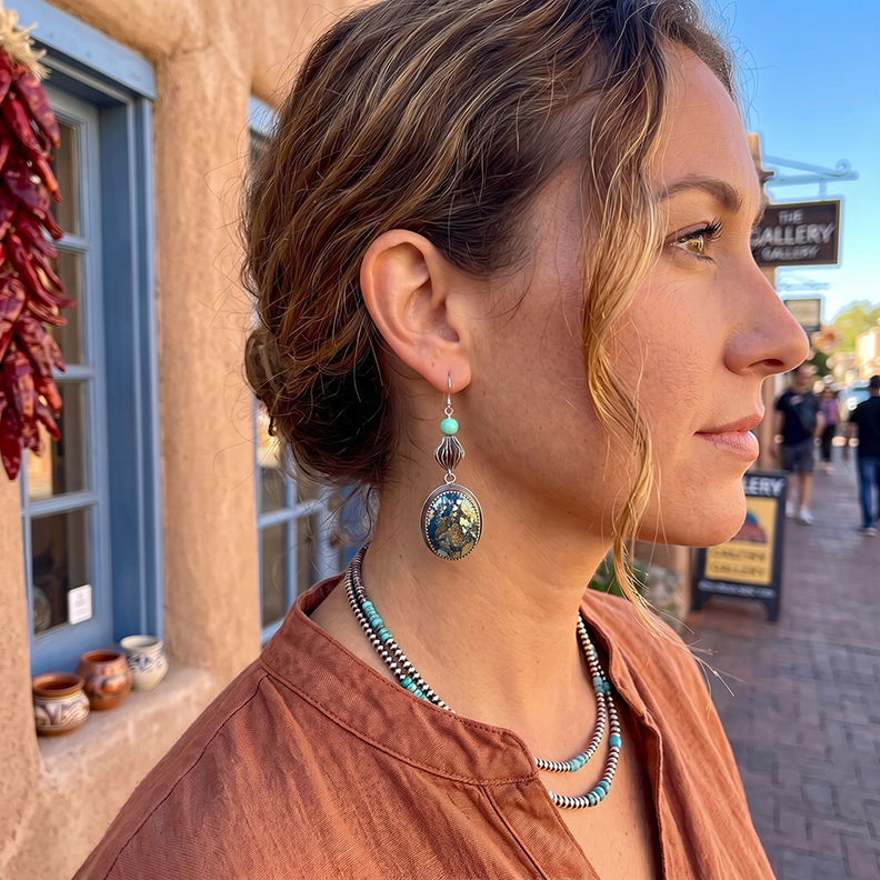 AAA Nevada Black Jack Turquoise Earrings Sterling Dangles Unique
