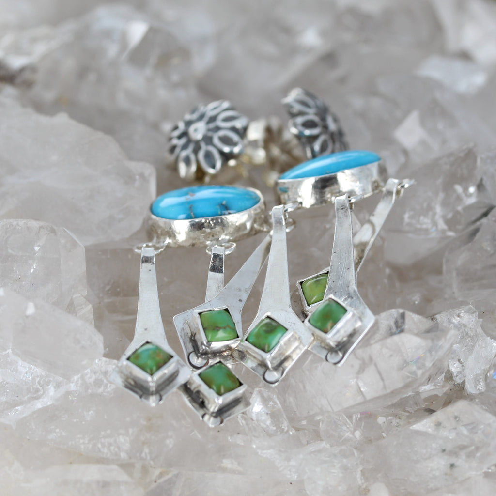 Blue Bird and Sonoran Gold Turquoise Boho Dangle Earrings Sterling