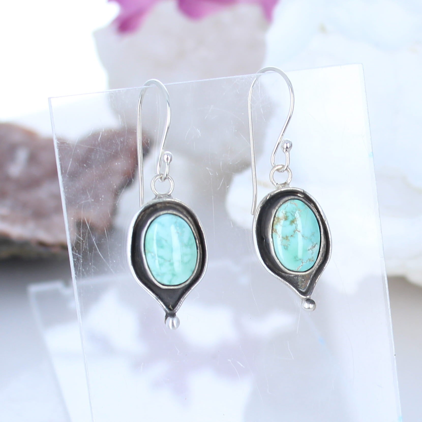 Ethereal Carico Lake Turquoise Earrings Sterling Oval Drops -NewWorldGems