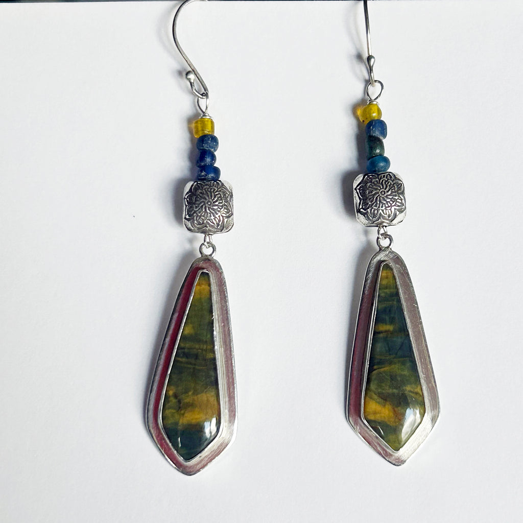 Dramatic Ancient Mali Dig Beads and Blue and Golden Tigereye Sterling Silver Earrings