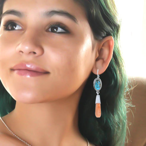 Southwestern KINGMAN TURQUOISE Earrings with Spiny Oyster Teardrops